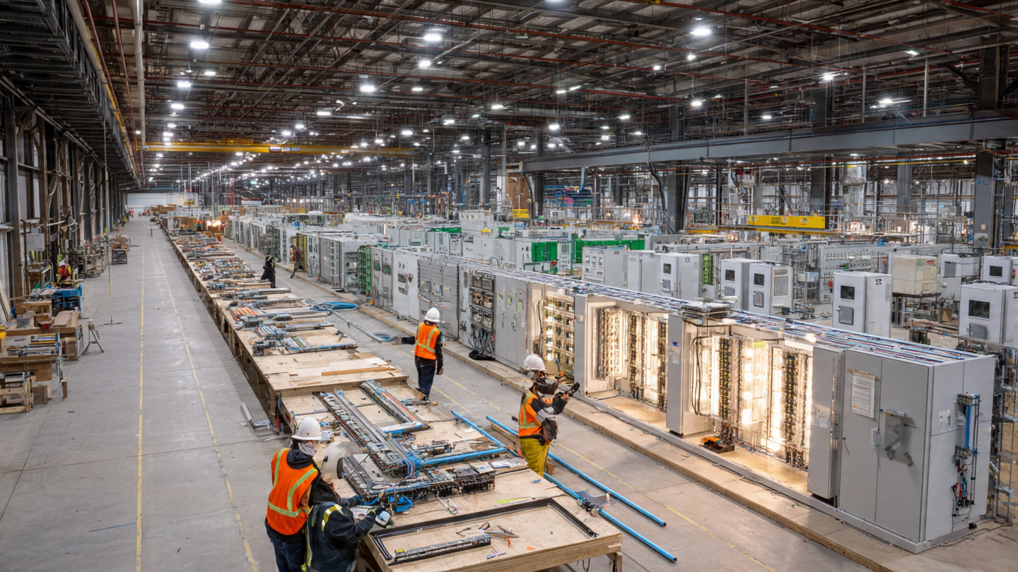 A wide shot of a commercial electrical training facility with rows of conduit bending stations and panel boards, fluorescent lighting overhead, empty chairs suggesting a class that has not yet started