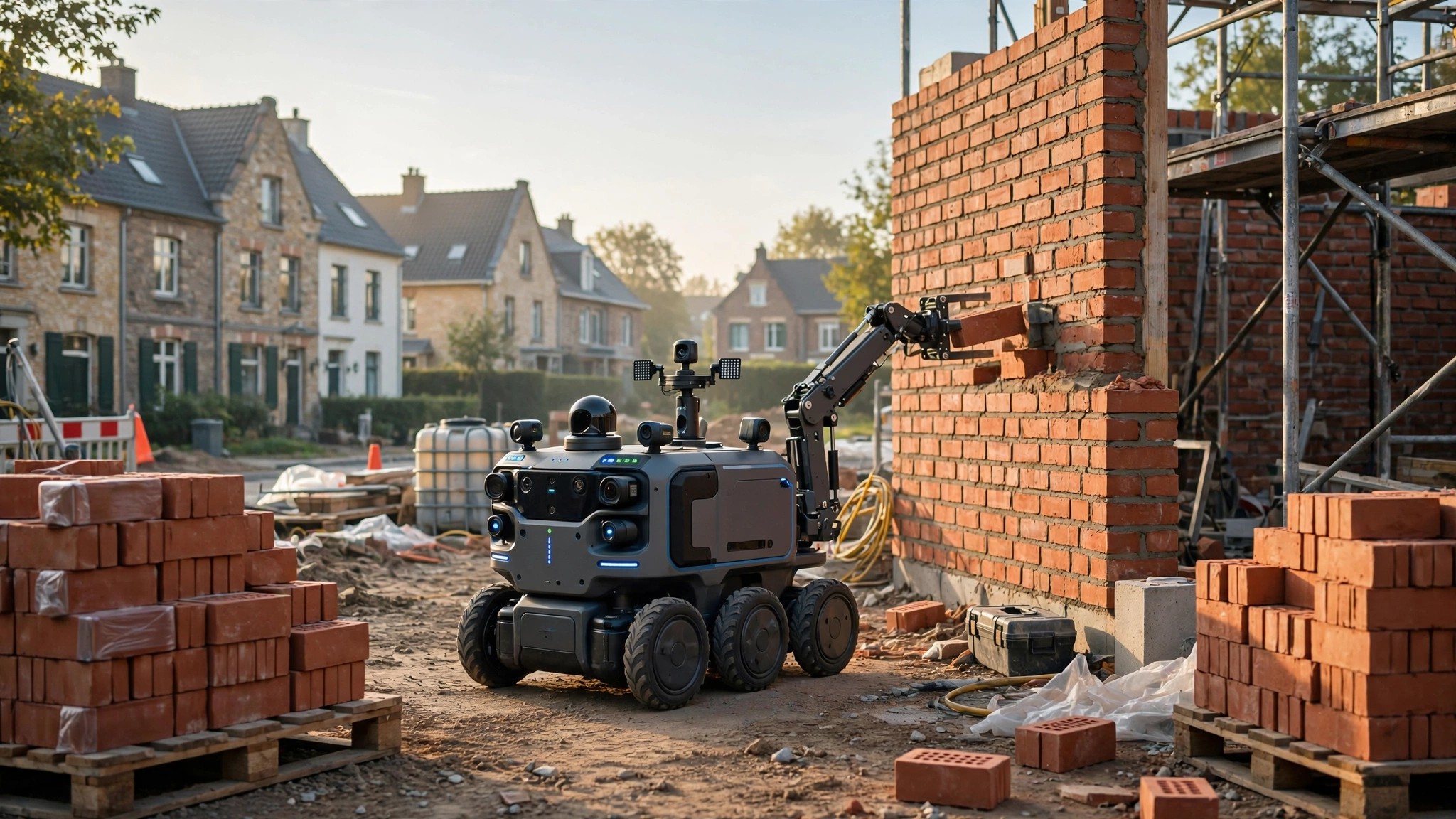 An autonomous electric robot laying brick on a residential construction site with sensor arrays and a small crane arm
