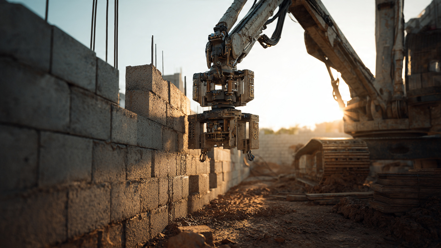 A robotic arm placing concrete masonry blocks on a partially built wall at a construction site, golden hour light