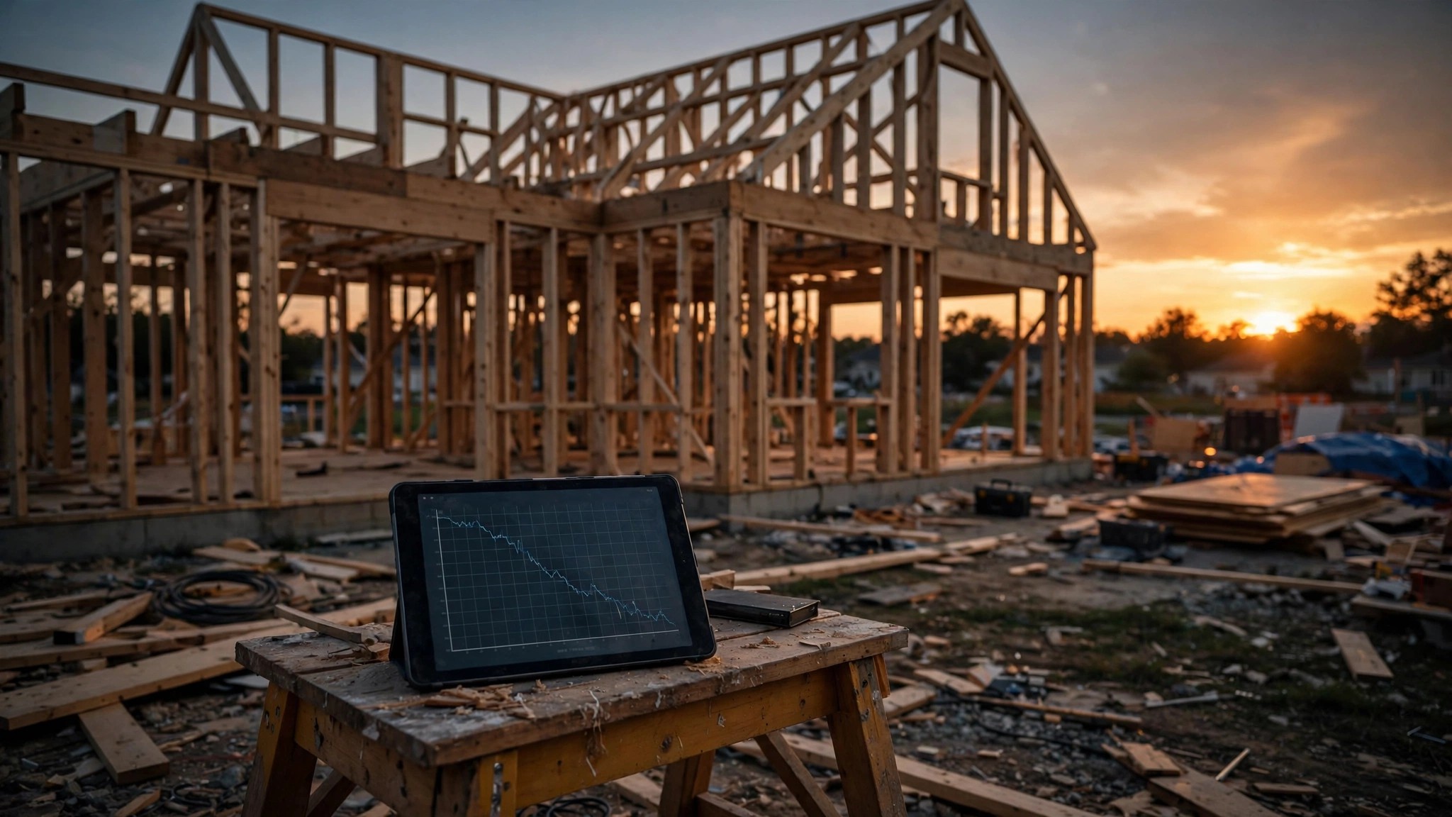 Empty model home with price reduction sign, construction tech dashboard dimmed in background