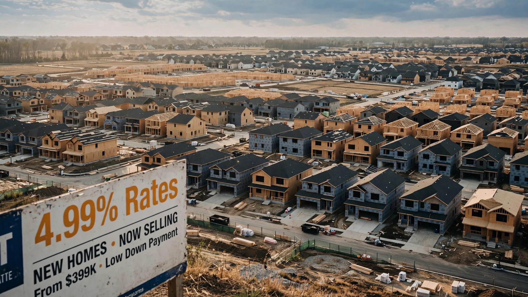 A new subdivision with rows of nearly identical homes under construction, a large promotional banner advertising sub-5 percent mortgage rates visible on the model home