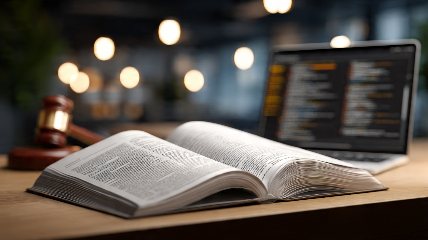 A thick building code reference book lying open beside a laptop showing highlighted code sections