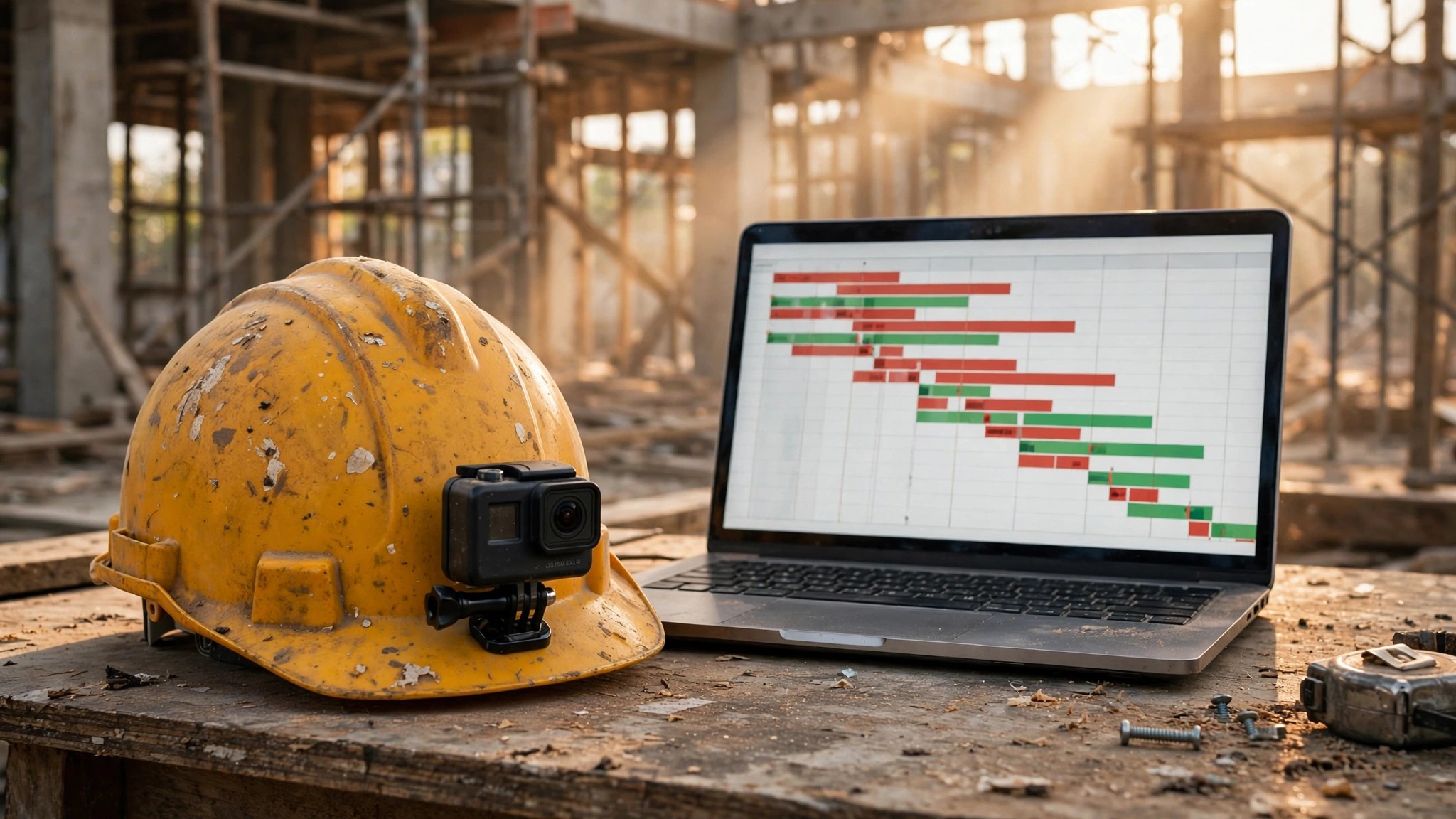 A construction hardhat mounted with a small camera sits on a job site table next to a laptop showing project timeline data with red and green bars