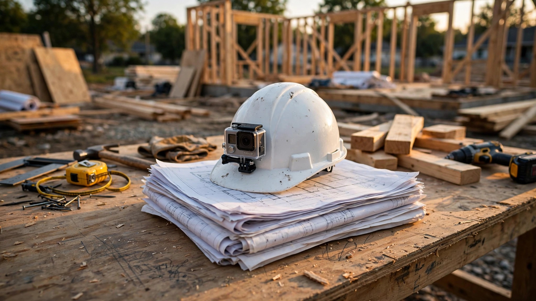 A construction hardhat with a small 360-degree camera mounted on top, sitting on architectural blueprints spread across a job-site table, with an unfinished residential frame visible in the background