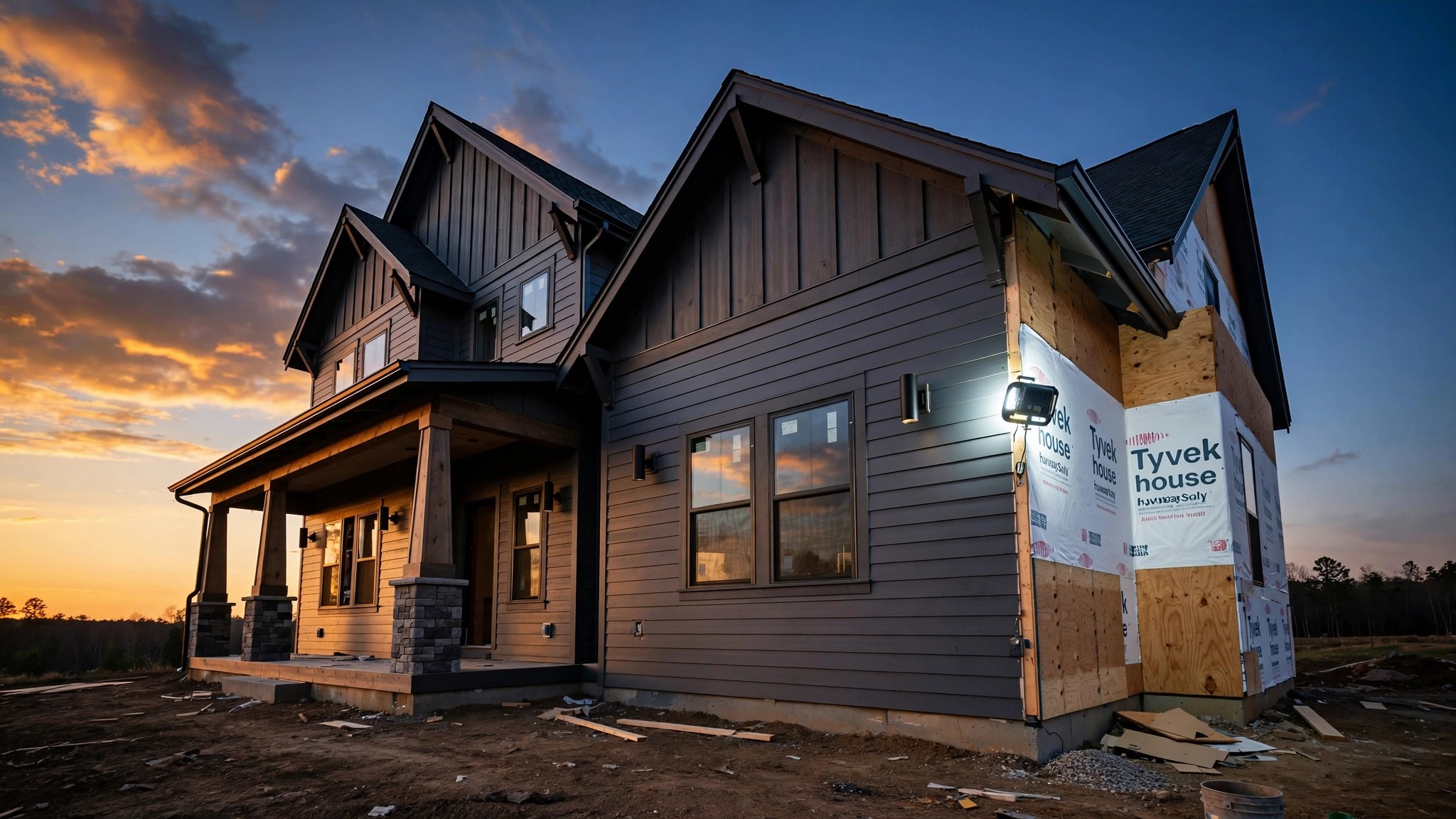 Framed residential house at dusk, nearly complete but with exposed sheathing on one corner and a single work light illuminating unfinished siding