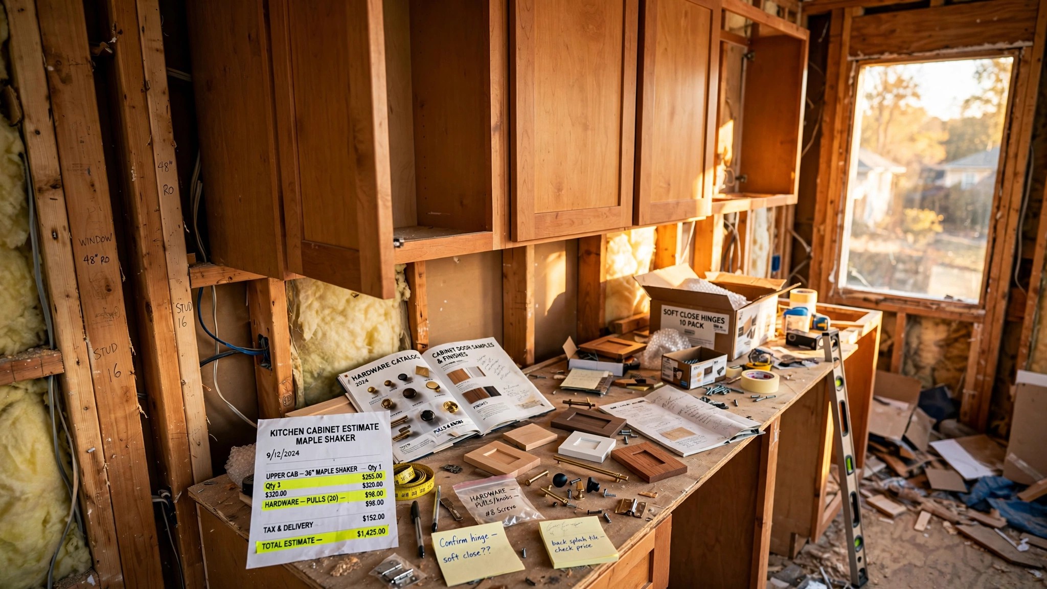 A residential kitchen mid-renovation with bare studs and a cluttered countertop covered in cabinet samples, price sheets, and a calculator, warm afternoon light through an unfinished window frame