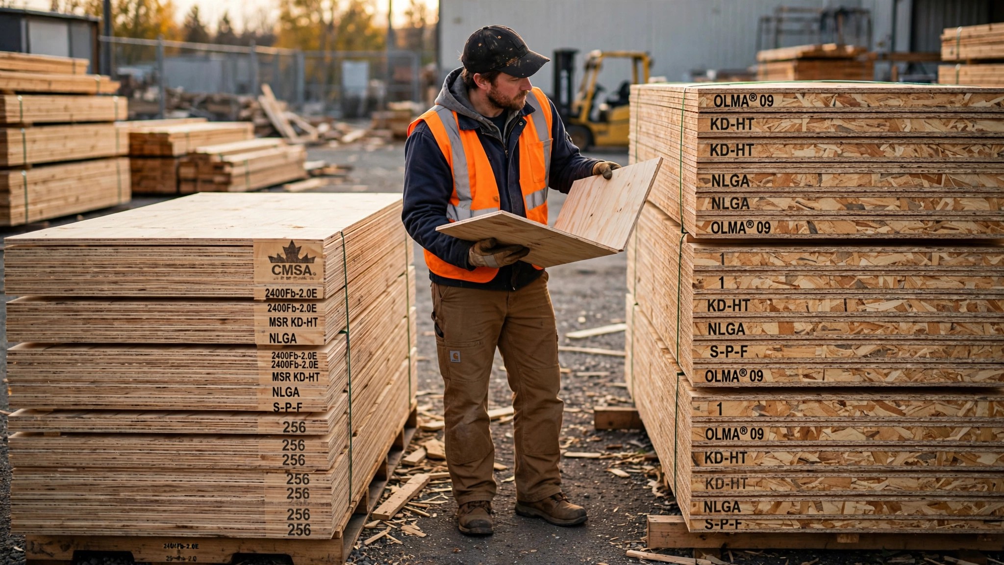 Stacks of plywood and OSB panels at a lumber yard, one stack marked with a red tariff sticker, a builder examining sheets with a clipboard