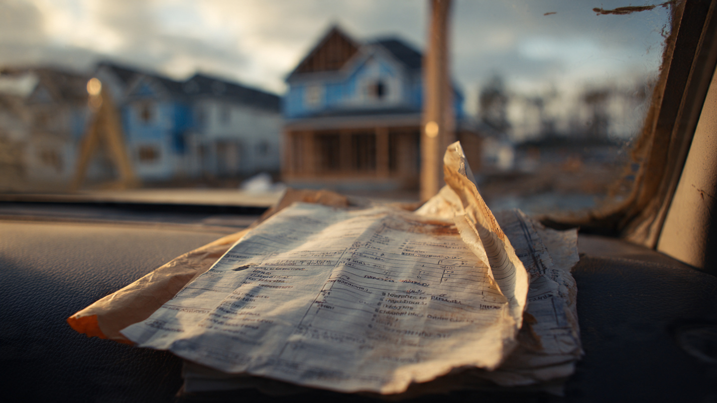 A cluttered truck dashboard with crumpled paperwork, a stained T&M ticket partially visible beneath a coffee cup, late afternoon light through a dusty windshield on a residential construction site