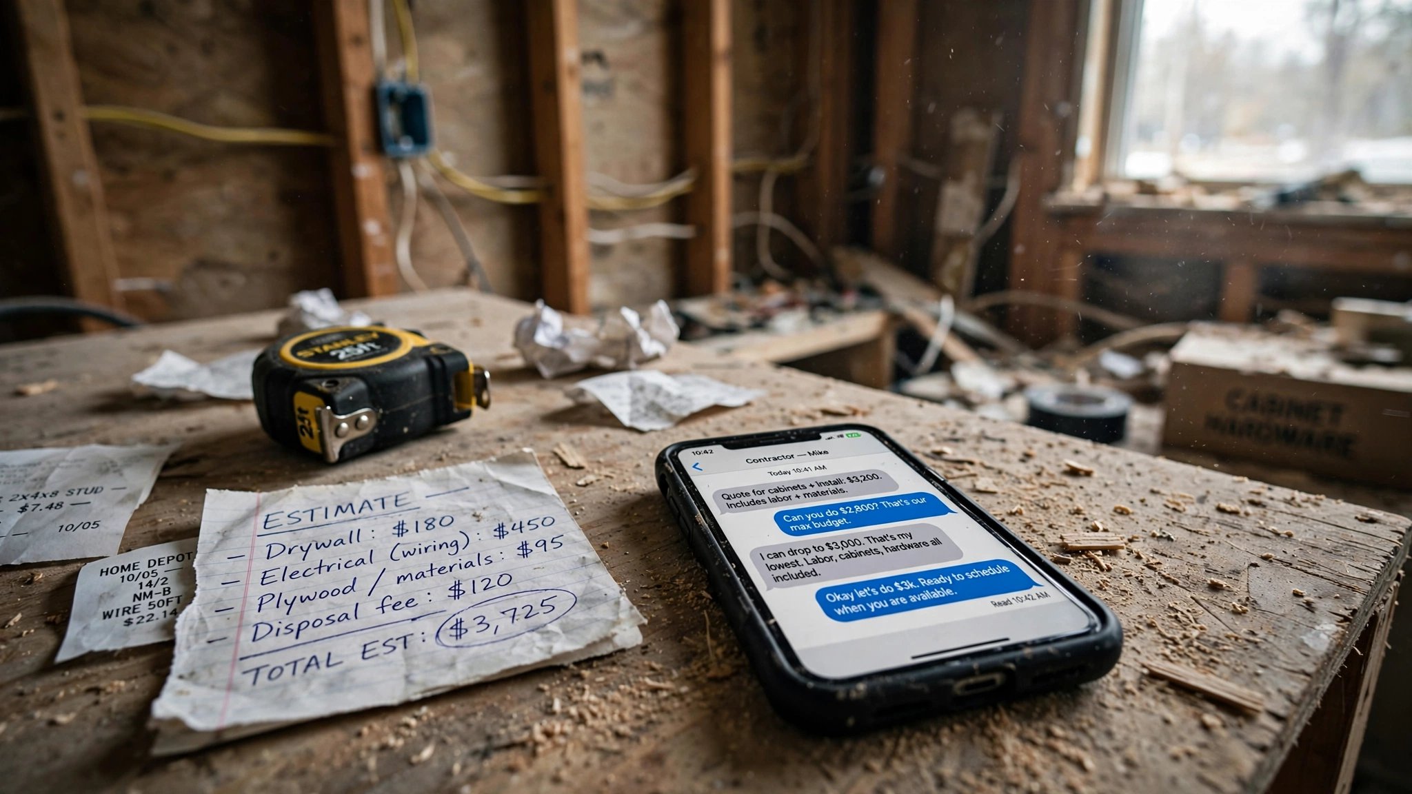 A cluttered kitchen renovation mid-project with exposed framing, a contractor's phone showing a text message thread about pricing changes, and a stack of handwritten notes on a plywood countertop