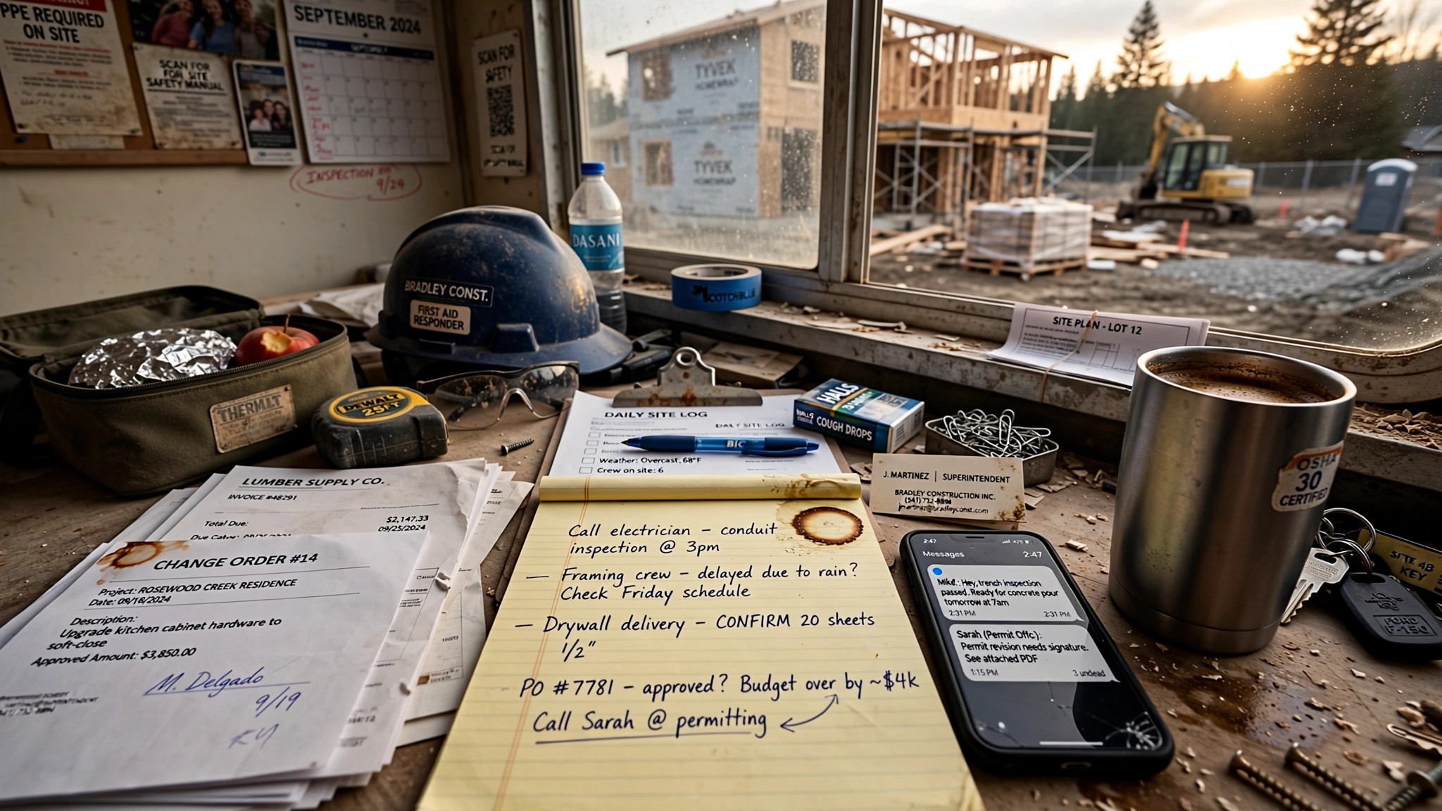 A cluttered construction office desk with layered paper change orders, a coffee-stained legal pad, and a phone showing unread text messages, with a framed residential project in the background