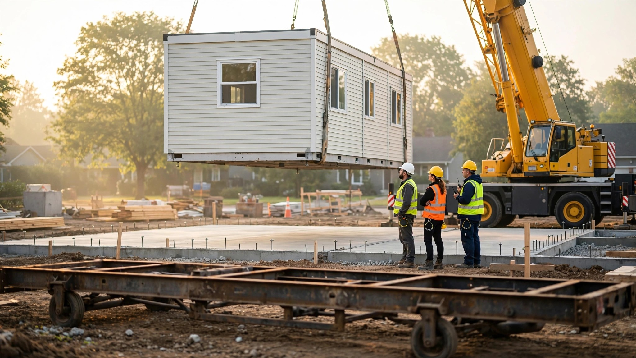A manufactured home section being lowered onto a permanent concrete foundation, steel transport chassis removed and set aside