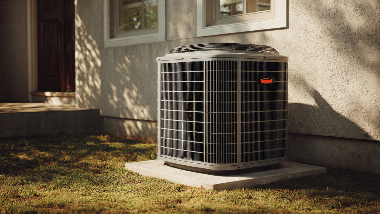 Residential HVAC condenser unit on a concrete pad beside a new home under construction in a Sun Belt neighborhood, harsh midday light