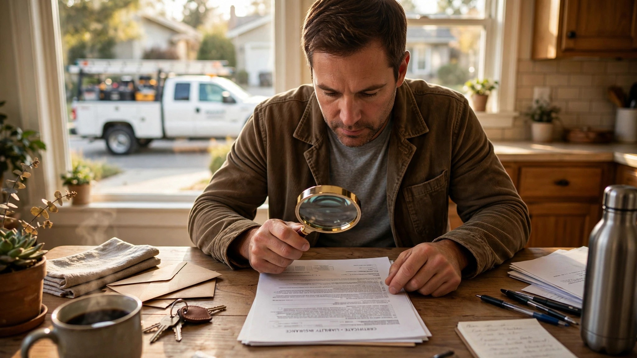 A homeowner at a kitchen table reviewing a certificate of insurance document, with a magnifying glass hovering over fine print disclaimers, a contractor's truck visible through the window
