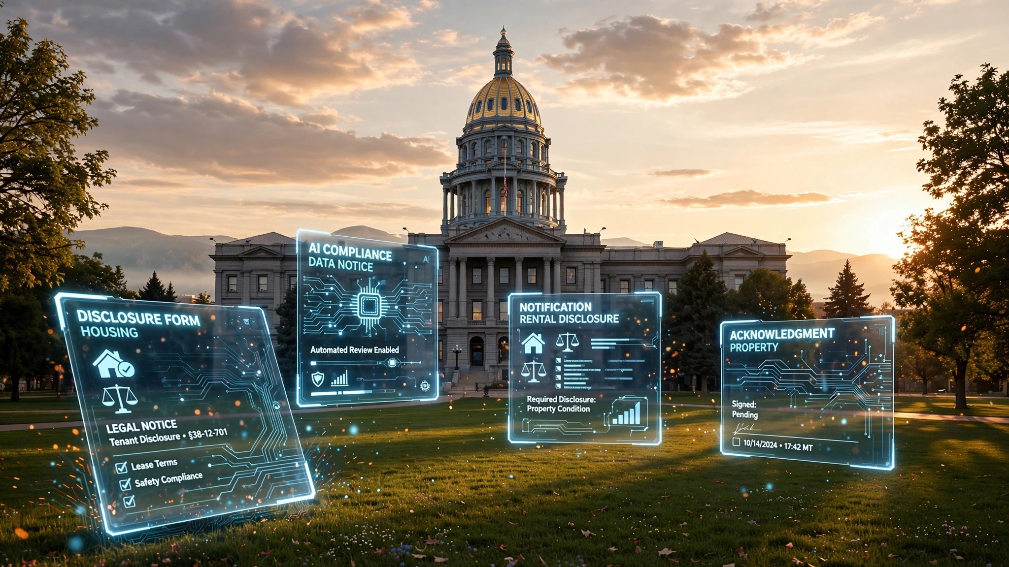 A Colorado state capitol building with overlapping translucent digital notification panels floating in front, each showing disclosure symbols and housing icons against a mountain backdrop