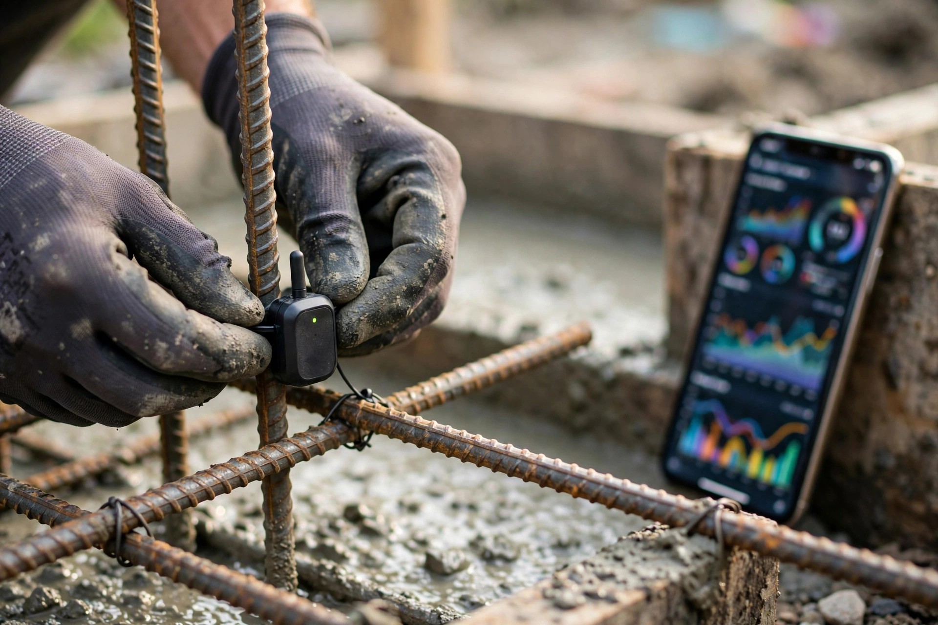 An embedded wireless sensor attached to rebar inside a residential foundation form, with a smartphone displaying real-time concrete strength data beside a freshly poured slab