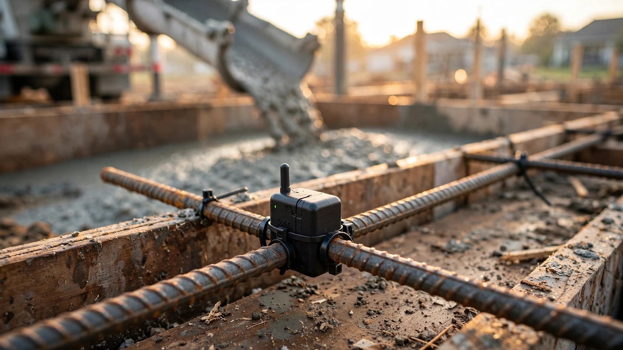 A small wireless sensor zip-tied to rebar in a residential foundation form, with wet concrete being poured around it from a truck chute, morning light on a suburban construction site