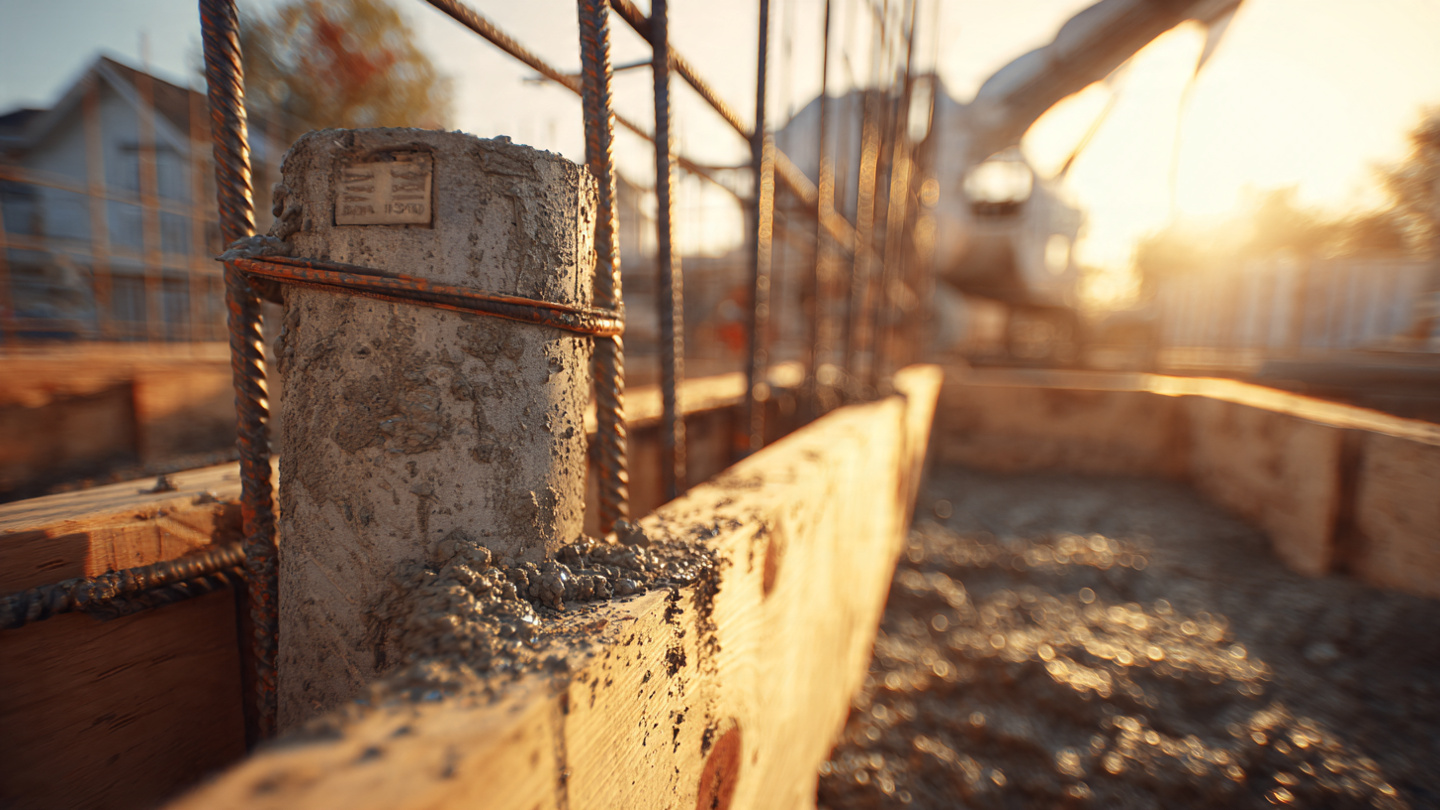 Close-up of a wireless sensor tied to rebar in a residential foundation form, with wet concrete being poured from a chute in the background