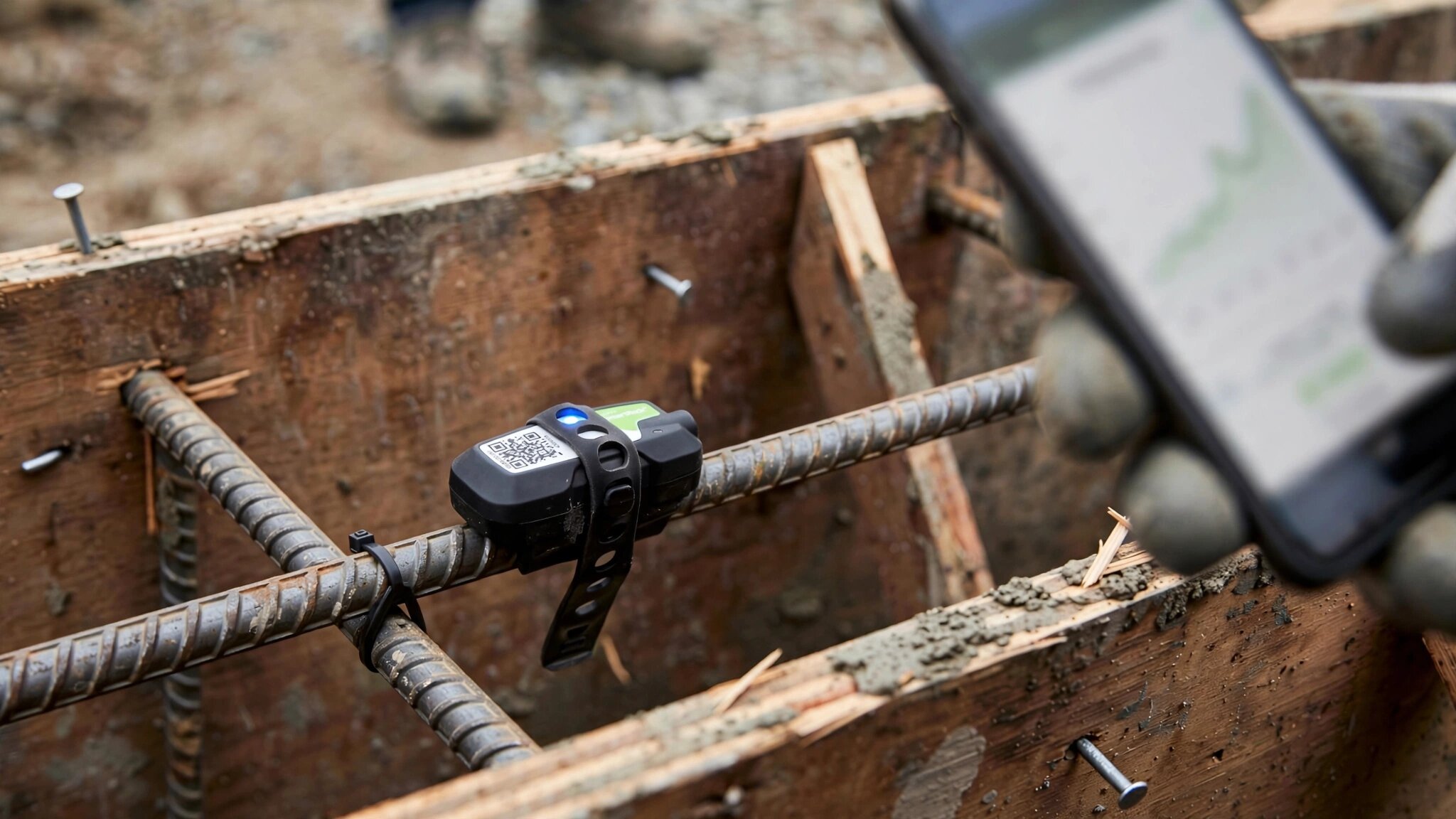 A wireless concrete maturity sensor attached to rebar inside a residential foundation form, with a smartphone showing real-time strength data in the background