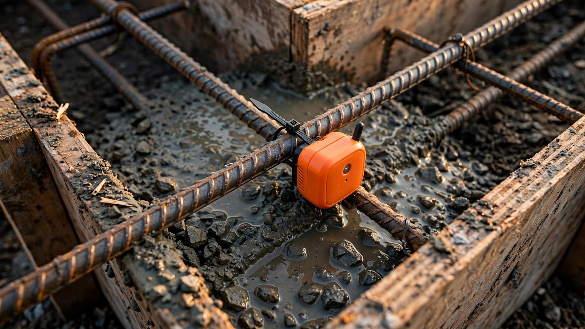 Close-up of a wireless SmartRock sensor zip-tied to rebar inside a residential foundation form, wet concrete visible around the edges, late-afternoon light catching the orange sensor housing