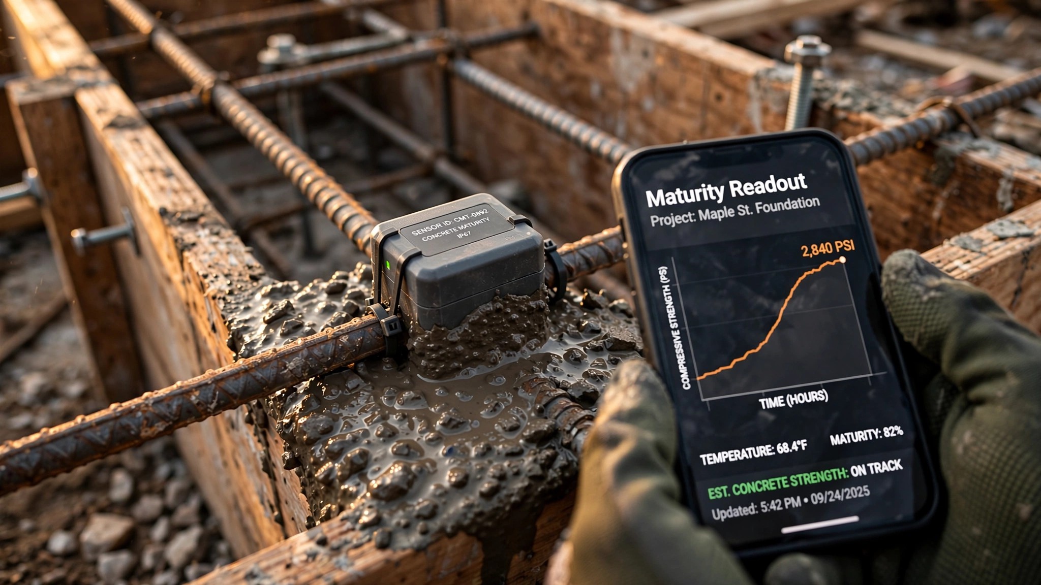A small wireless sensor zip-tied to rebar in a residential foundation form, with wet concrete being poured around it and a smartphone in the foreground displaying a strength curve graph