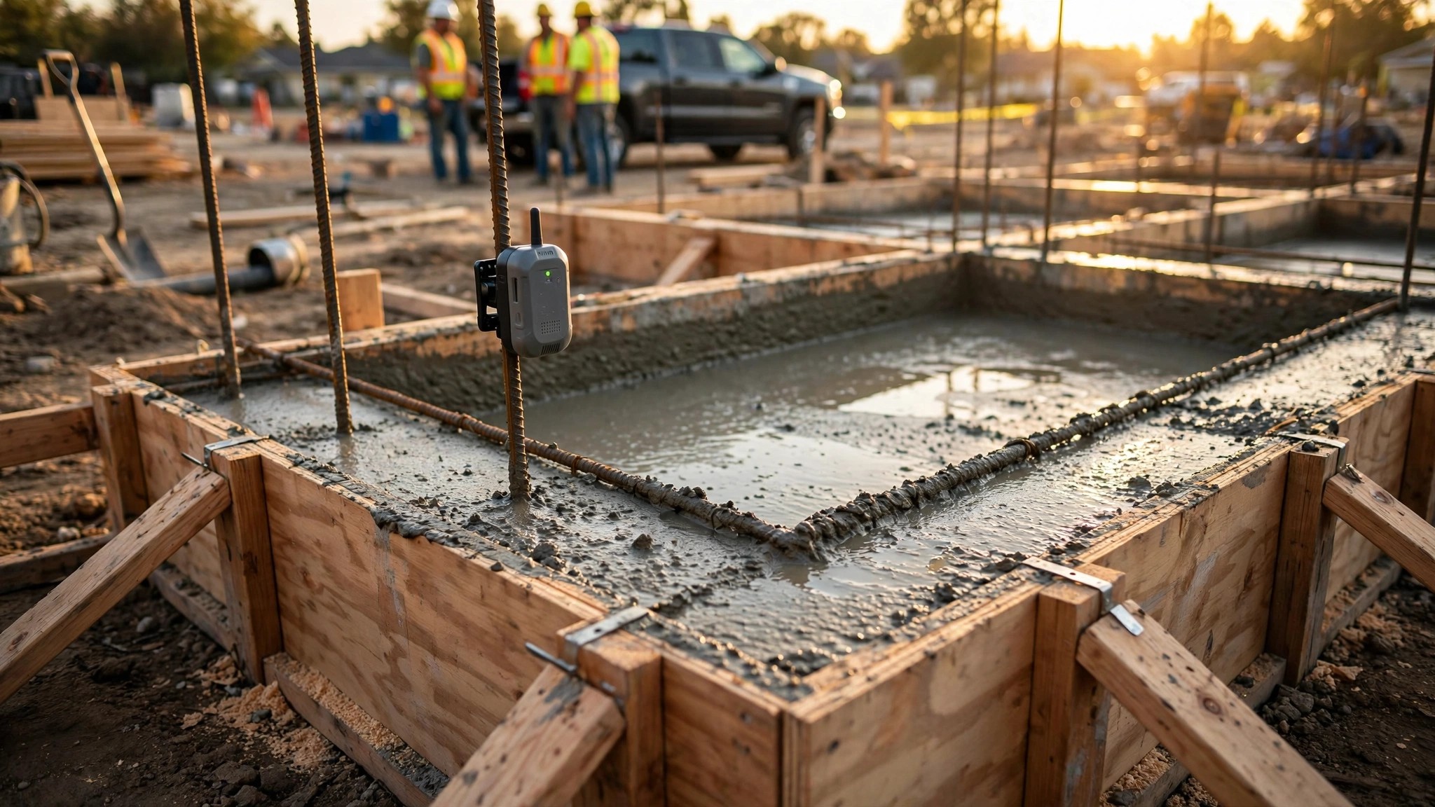 Residential foundation forms with a small wireless sensor clipped to rebar, concrete freshly poured, crew waiting in the background