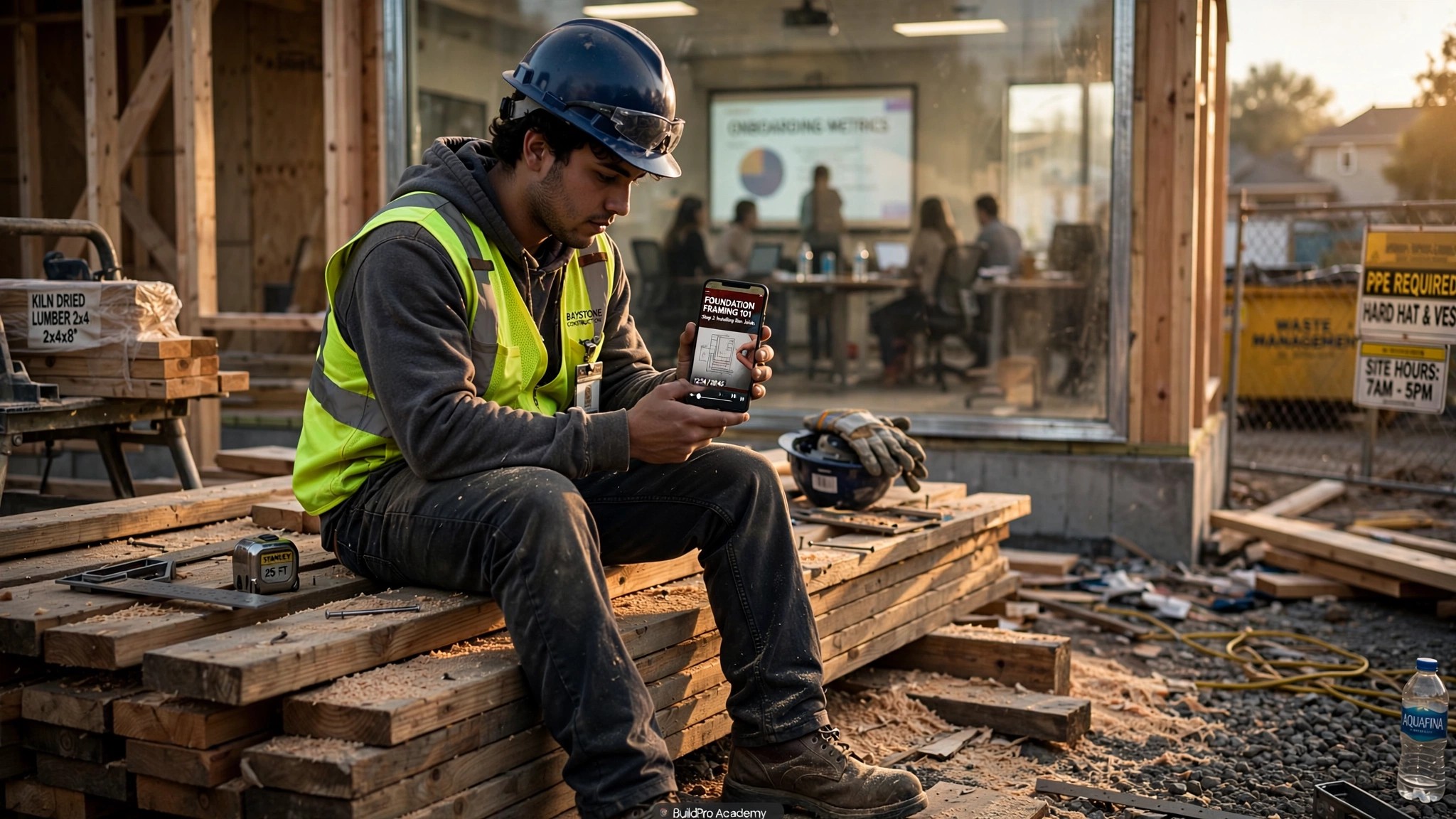 A young construction apprentice in a hard hat looking at his phone during a break, with a training classroom visible through a window in the background