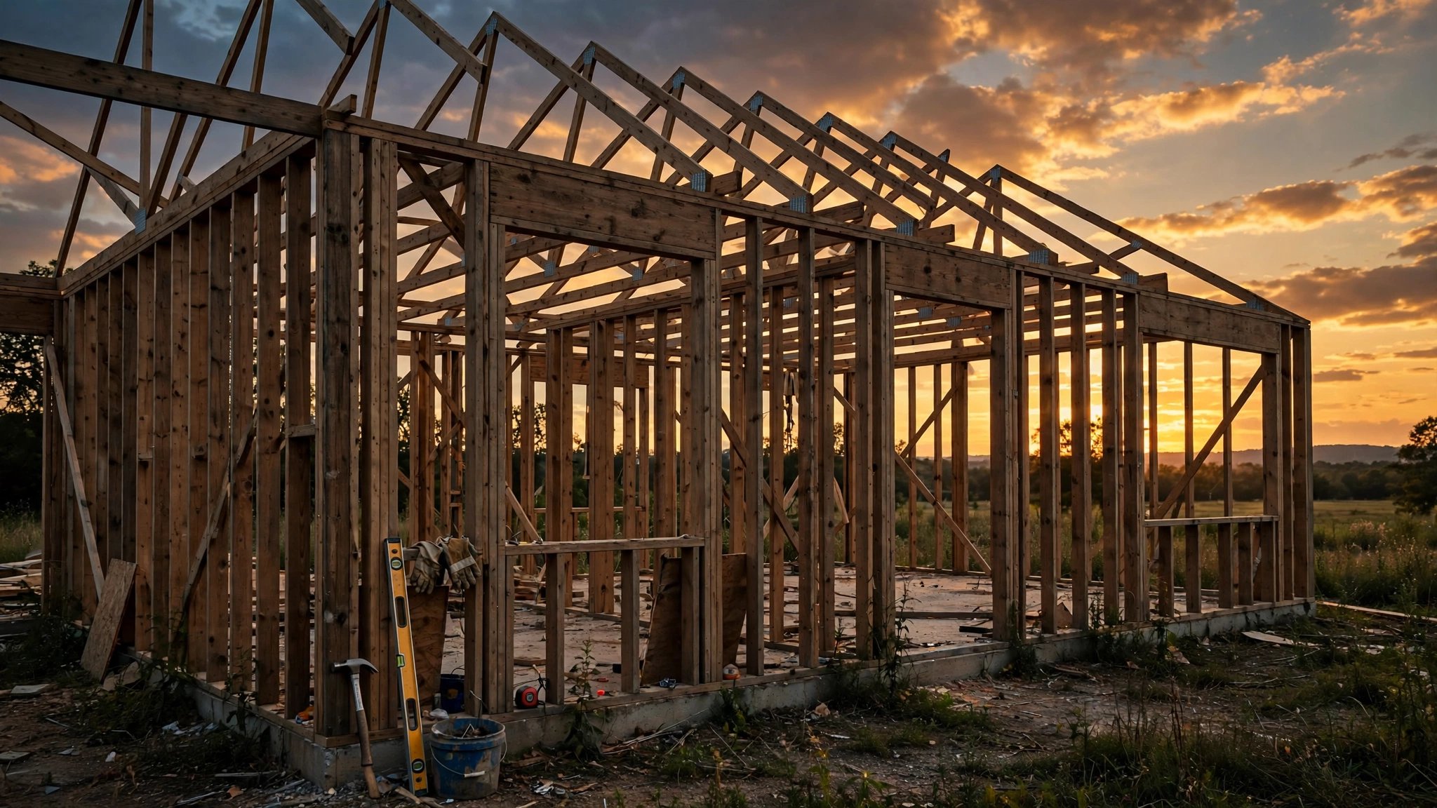 A half-framed residential construction site at dusk with an overlay of a ticking clock and dollar signs, symbolizing the hidden interest costs of building delays