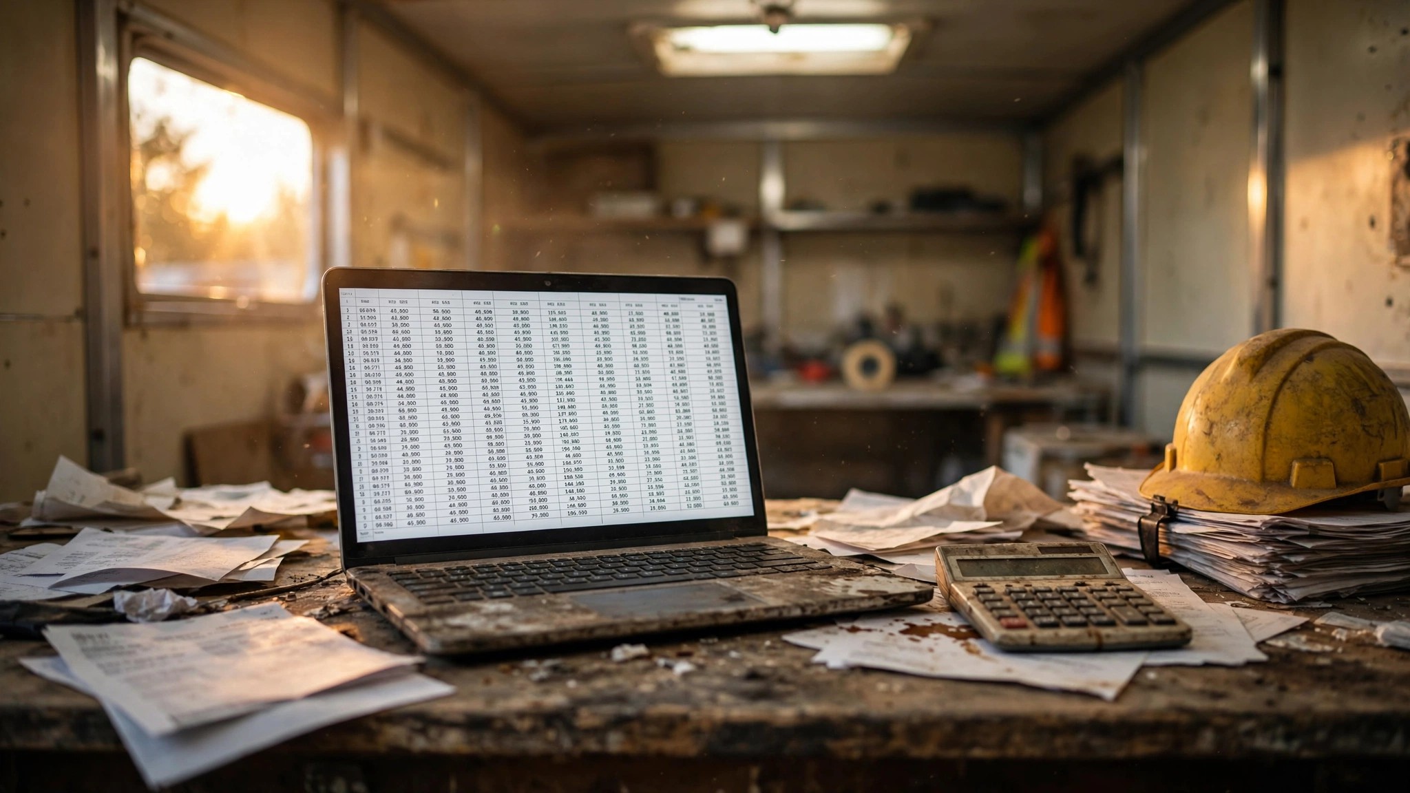 A cluttered construction office desk with spreadsheet printouts, a laptop showing rows of numbers, and a stack of unpaid invoices weighted by a hard hat.