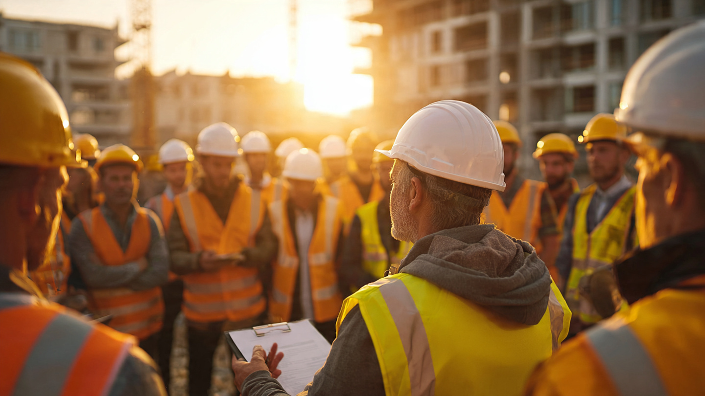 Construction workers gathered for a morning safety briefing on a residential job site, with visible language diversity among the crew