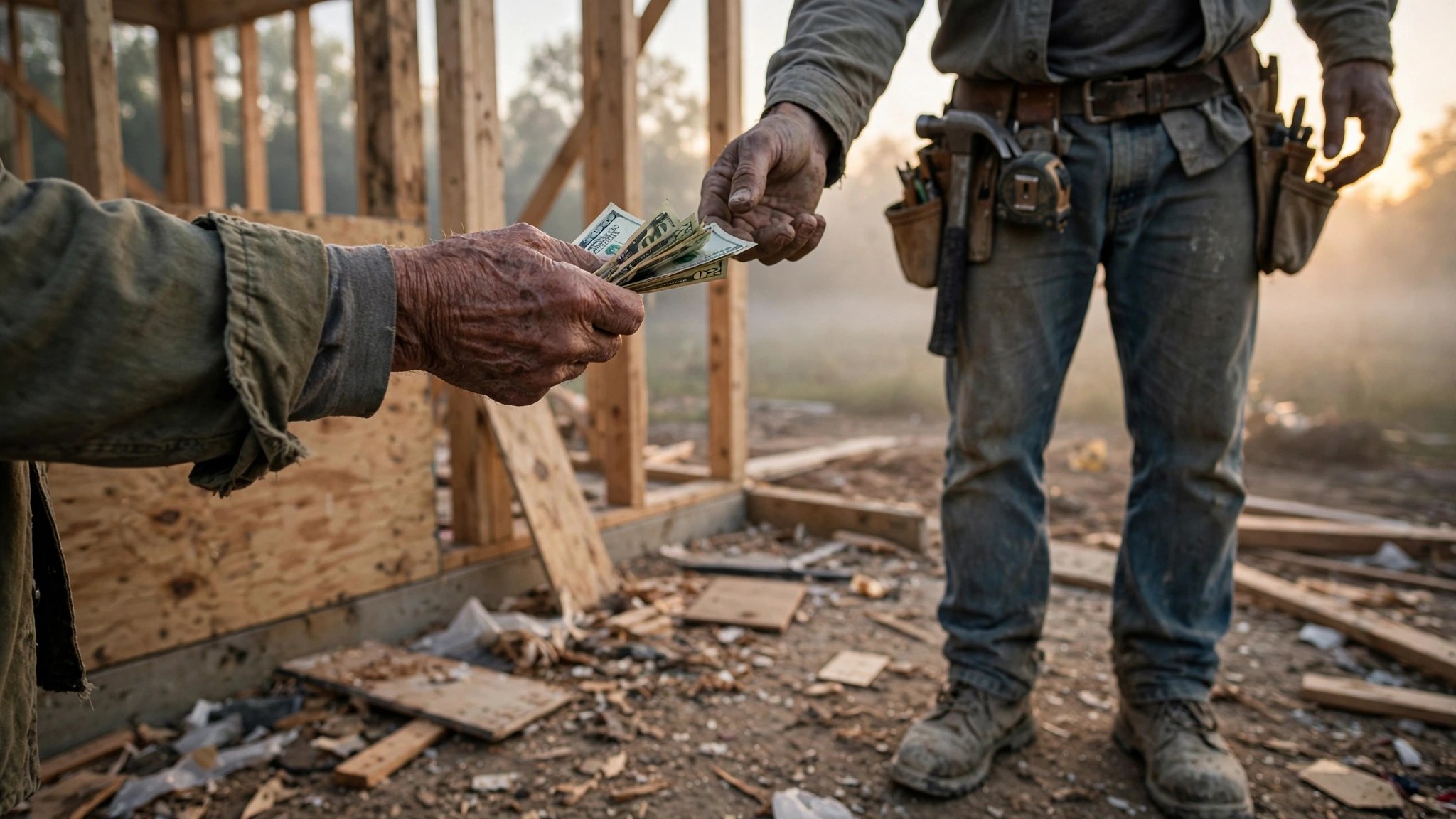 A construction worker in dusty work clothes receiving cash payment from a labor broker's hand at the edge of a residential framing site at dawn