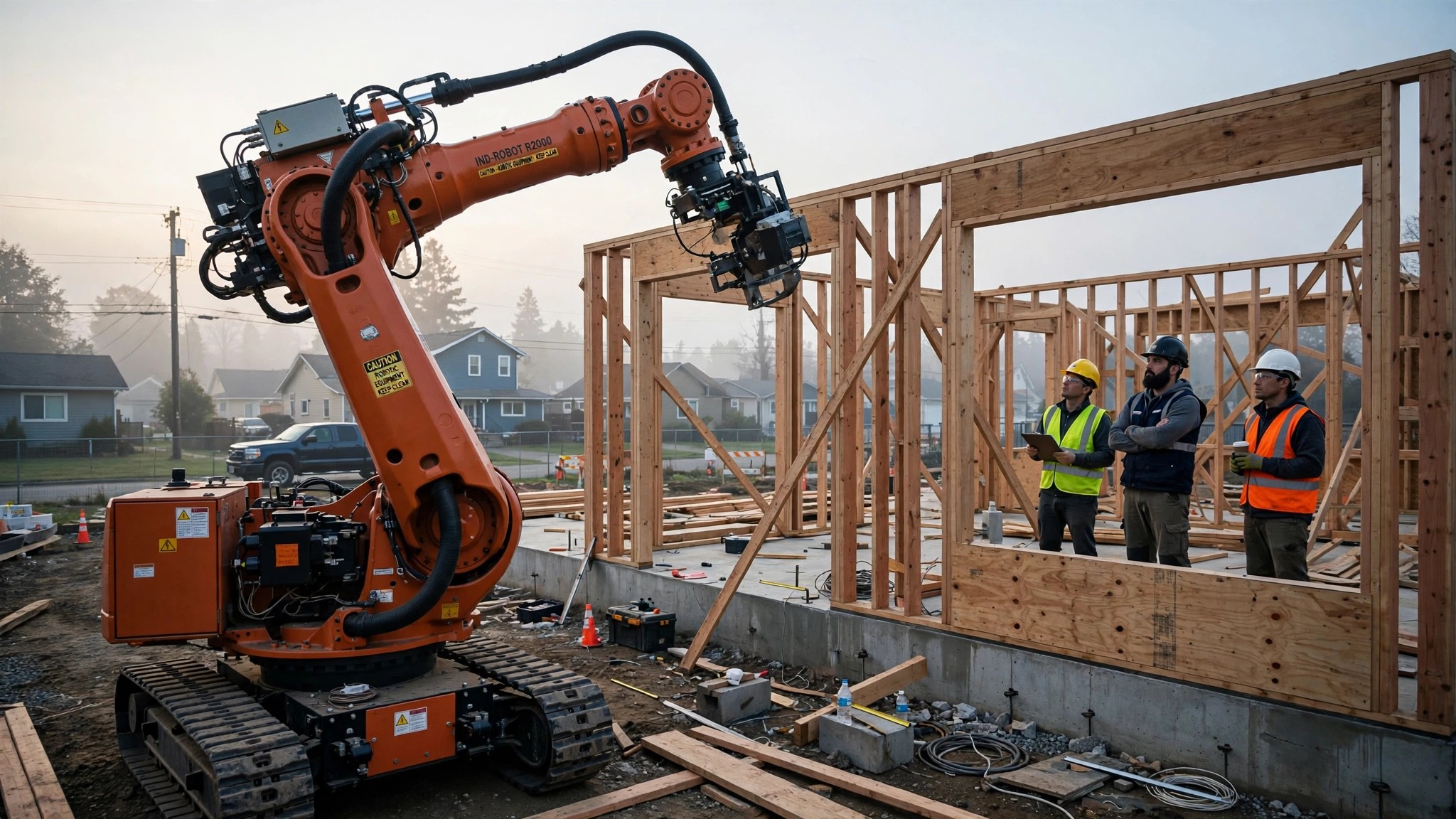 A large robotic arm on a residential construction site, framing a house while workers observe