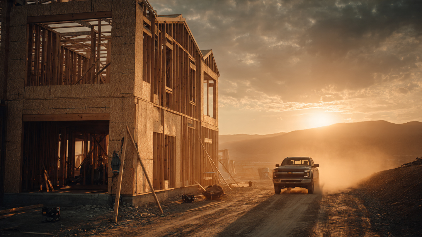 A half-framed residential construction site at dusk with an empty tool belt hanging from exposed studs and a crew parking lot with only two trucks remaining