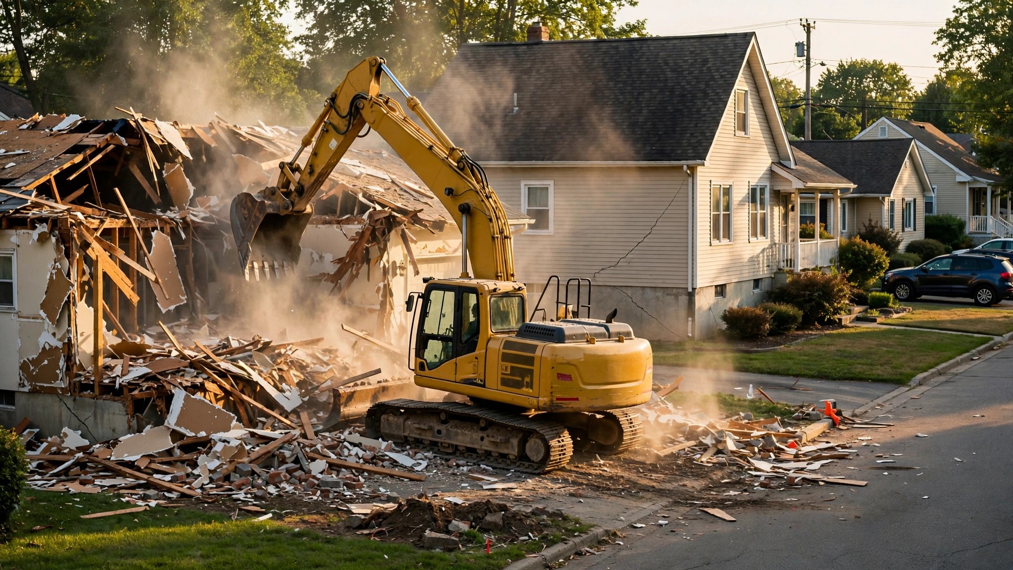 A residential street where a large excavator demolishes a house next door to an intact home, with a visible hairline crack running along the intact home's foundation wall and no monitoring equipment visible