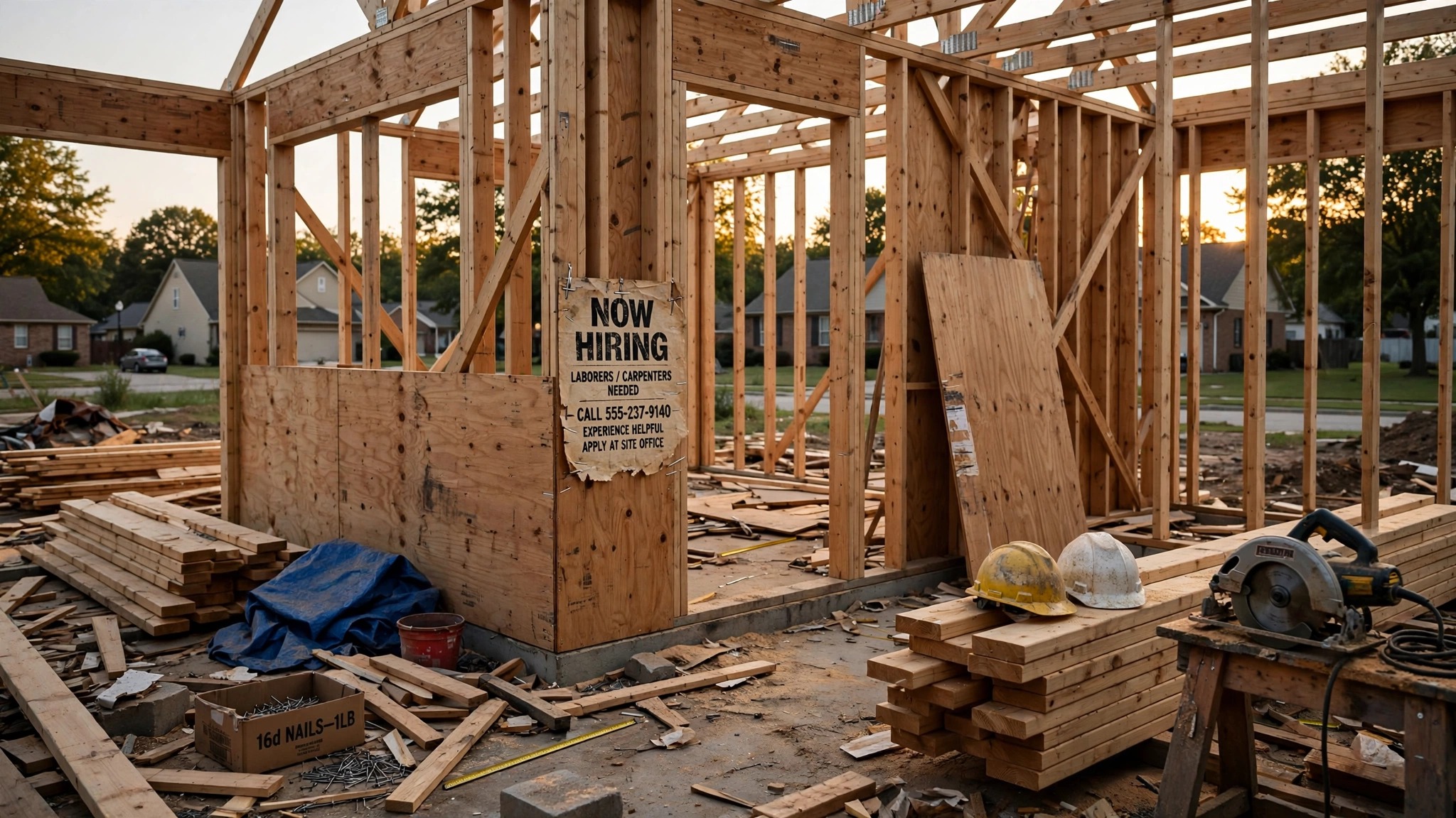 A partially framed residential construction site sits quiet in afternoon light, no workers visible, a faded help-wanted flyer stapled to a plywood panel