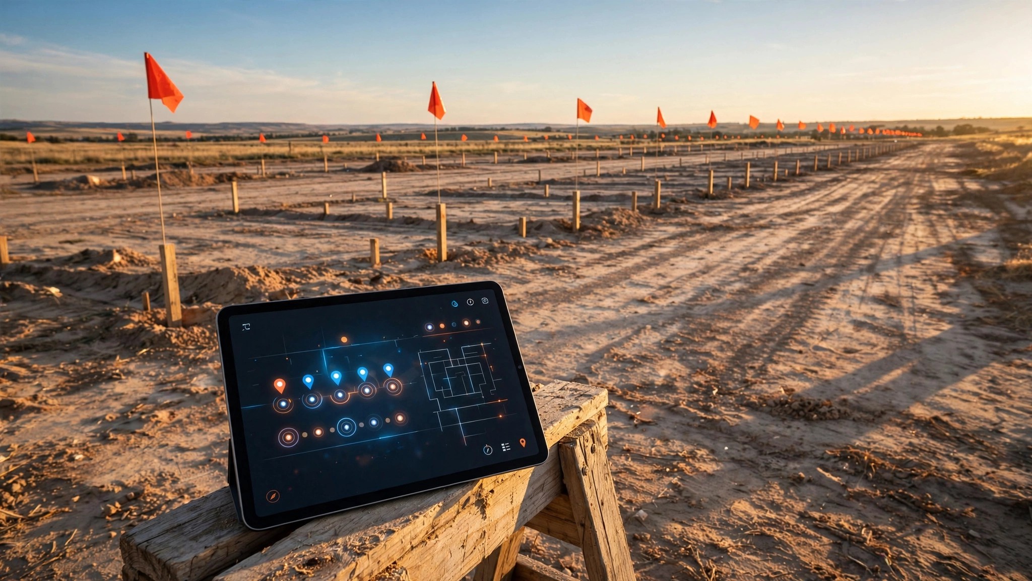 An empty residential construction lot with foundation stakes and survey flags, a glossy AI scheduling dashboard displayed on a tablet propped against a sawhorse, no workers visible