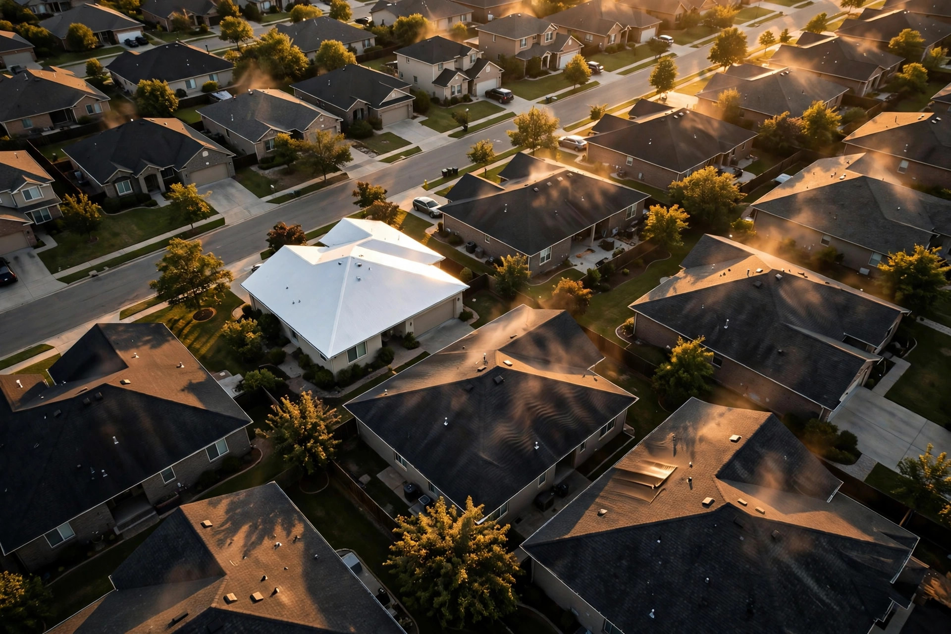 Aerial view of a suburban street at golden hour, one house with a bright white reflective cool roof beside homes with dark shingle roofs, heat shimmer rising from the dark roofs