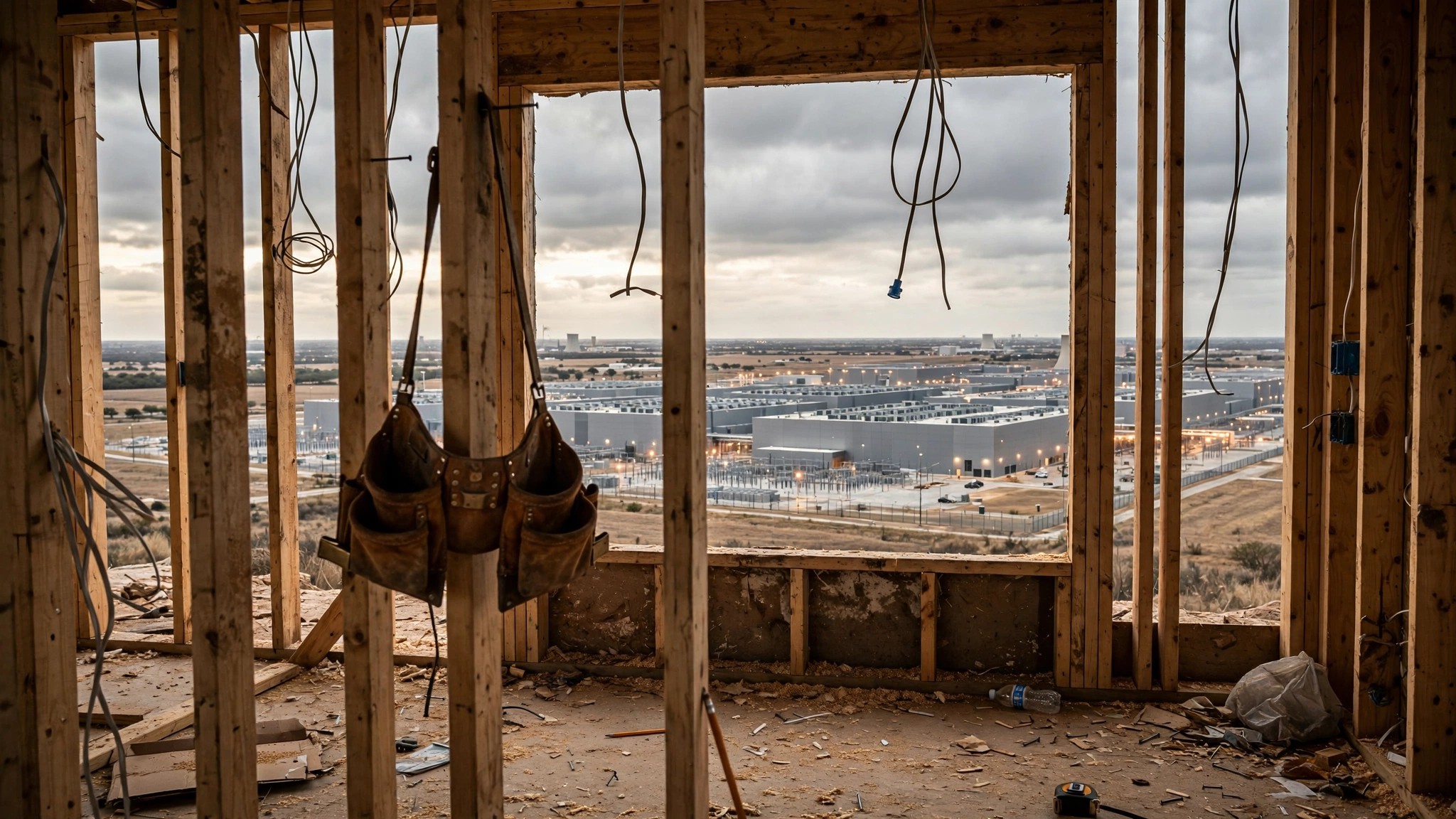 A residential construction site with exposed wall framing and dangling electrical wires, an empty tool belt hanging from a stud, while in the background through a window a massive data center facility glows on the horizon
