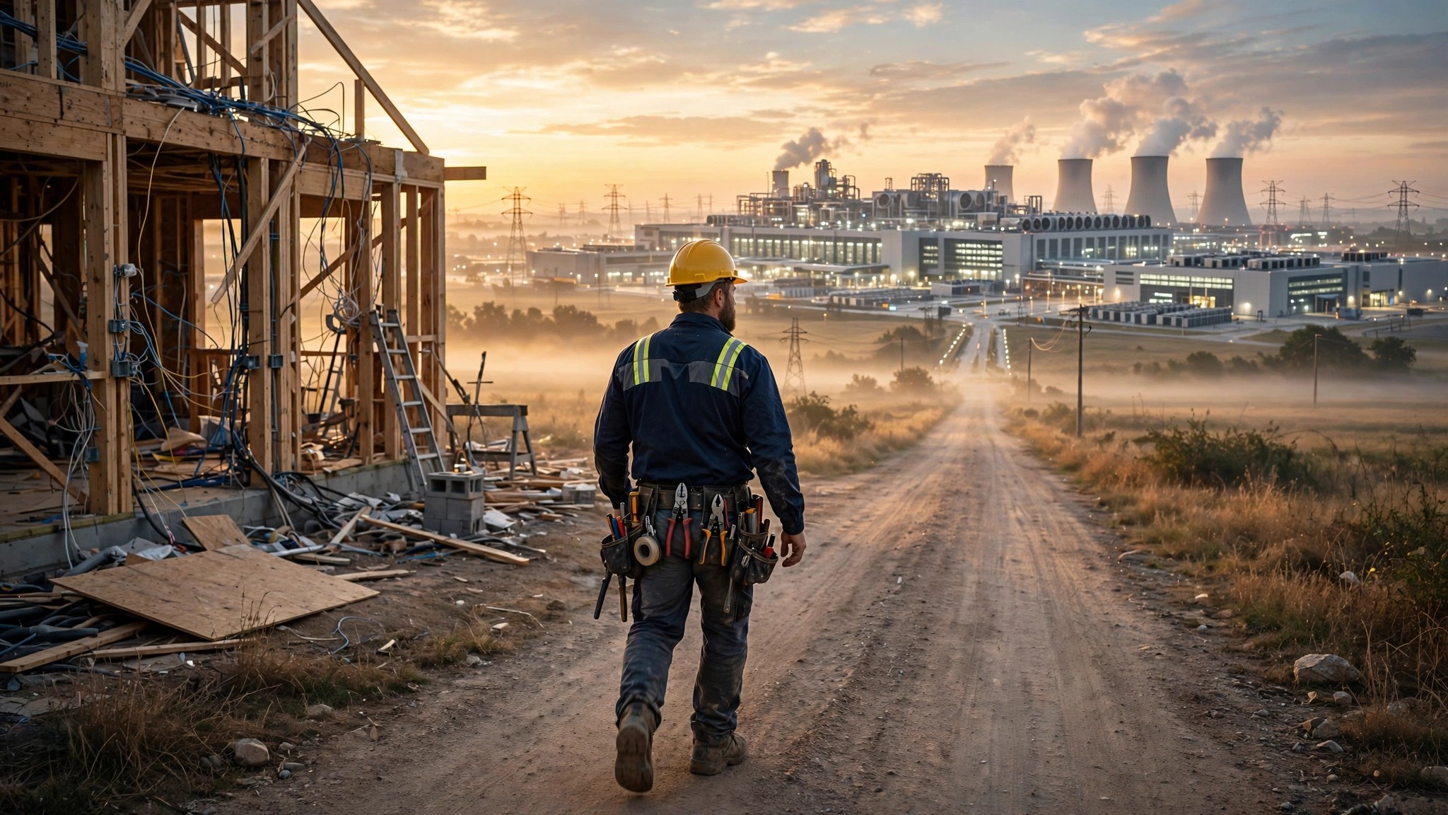 An electrician walking away from a half-wired residential panel toward a massive data center construction site on the horizon