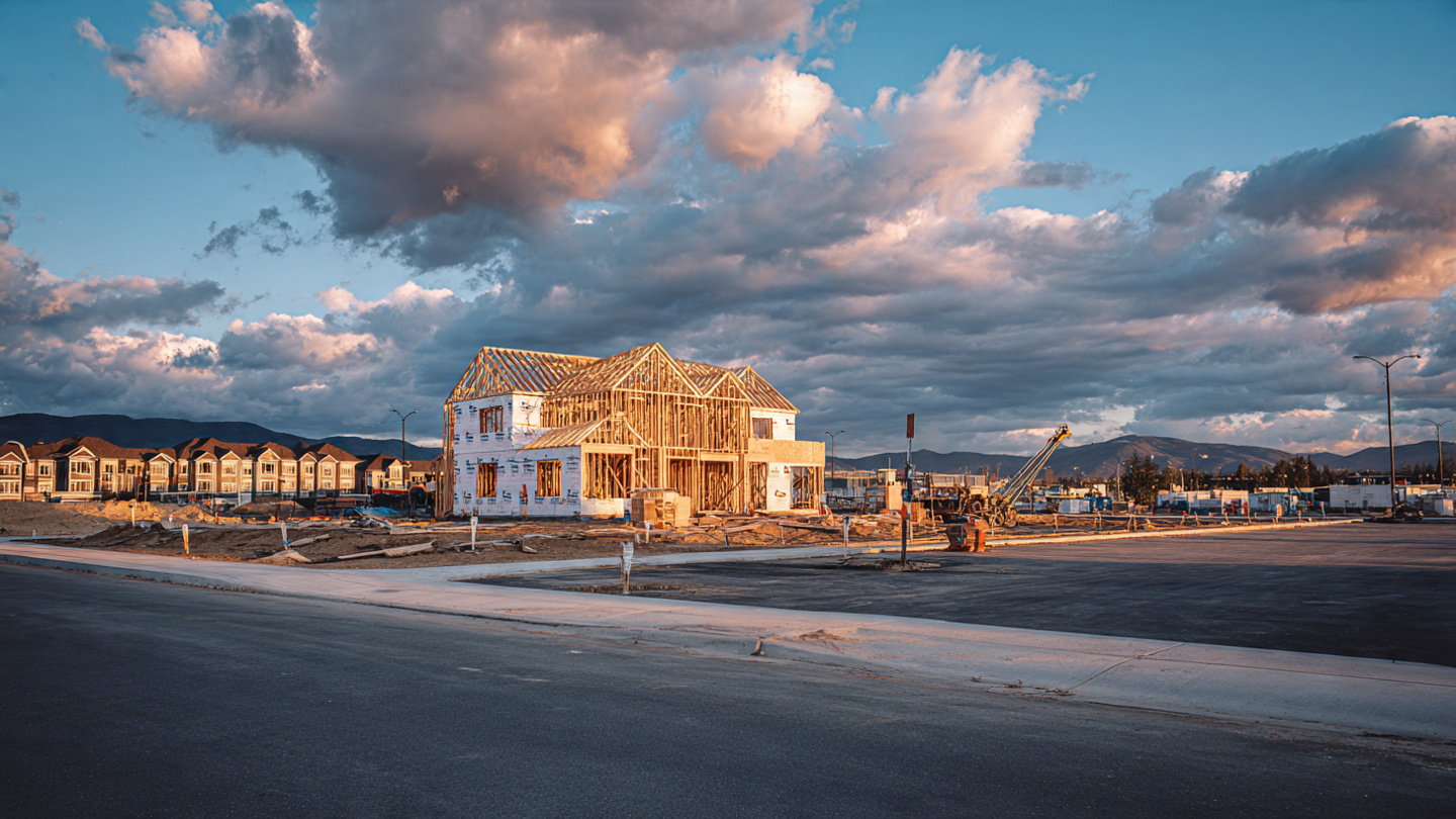 An empty residential construction site at dawn with foundation forms waiting, while in the distance across the road a massive data center rises behind construction cranes and floodlights