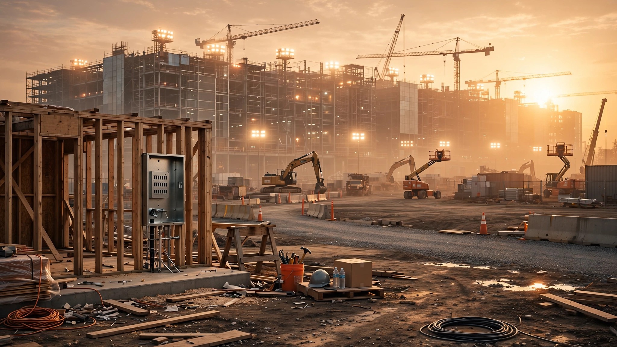 An empty residential construction site with exposed framing and an open electrical panel, a massive data center under construction visible in the background, golden hour lighting