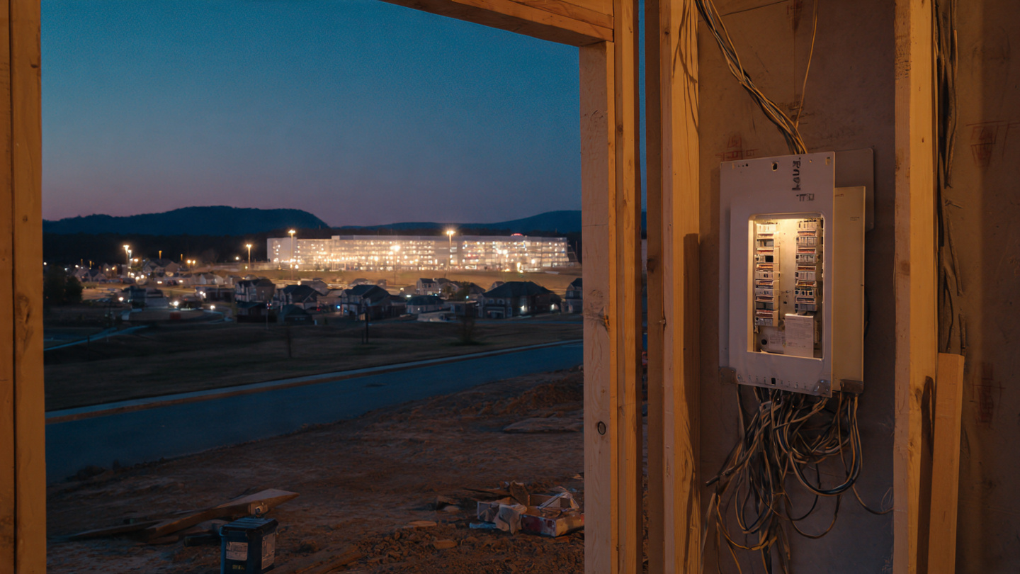 A half-finished residential construction site at dusk with an empty electrical panel, conduit dangling from wall studs, and a massive illuminated data center visible on the horizon