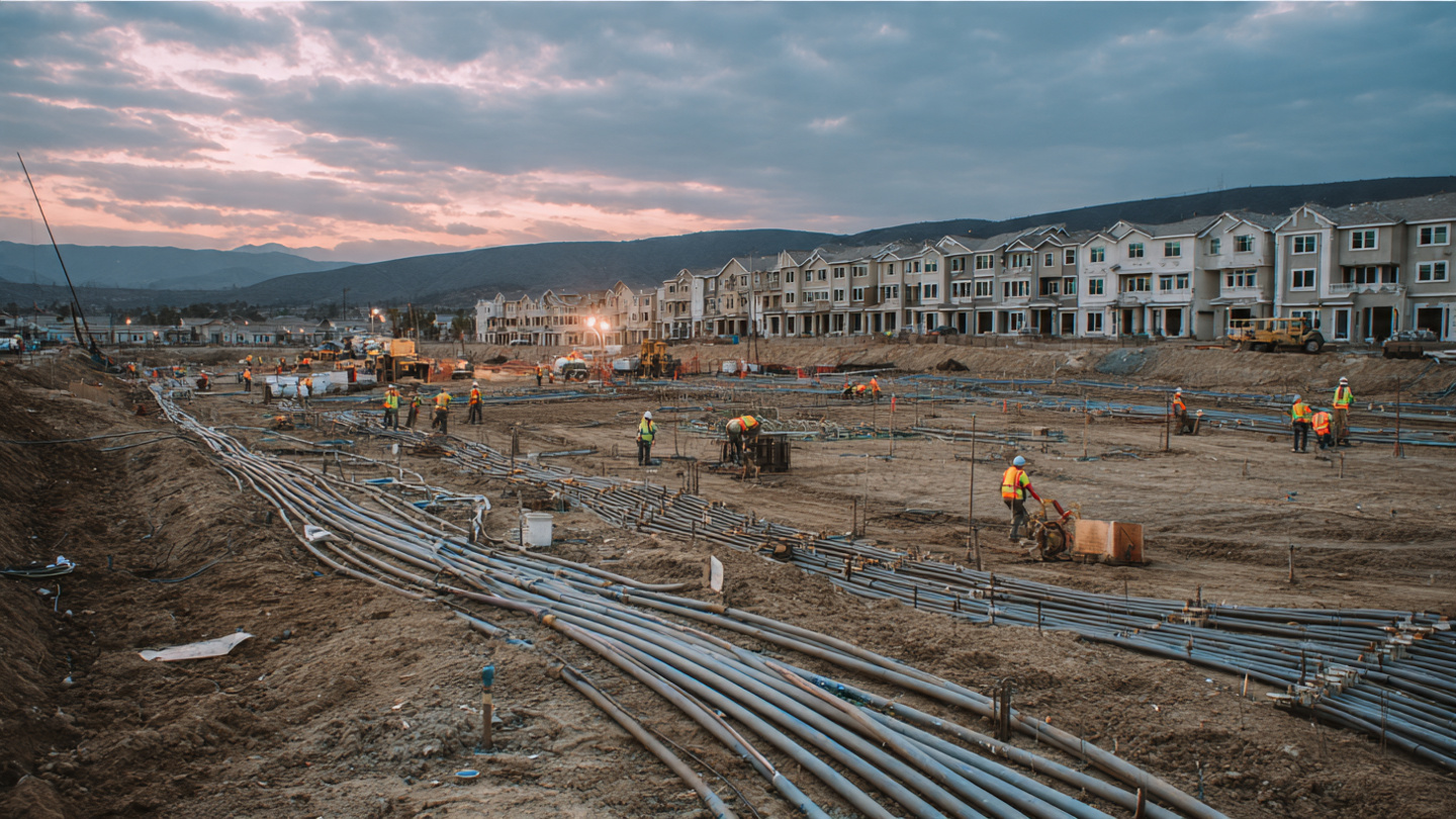 An electrician in high-visibility vest standing at a crossroads, one direction leading to a massive concrete data center under construction with cranes, the other to a half-framed residential house, late afternoon golden light