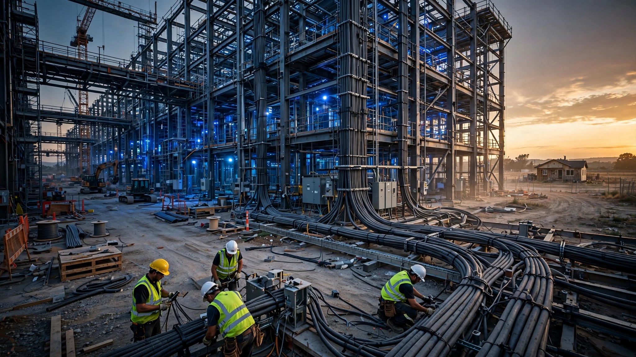 Construction workers in hard hats at a massive data center construction site with steel beams and electrical conduit, a half-finished residential home visible in the background