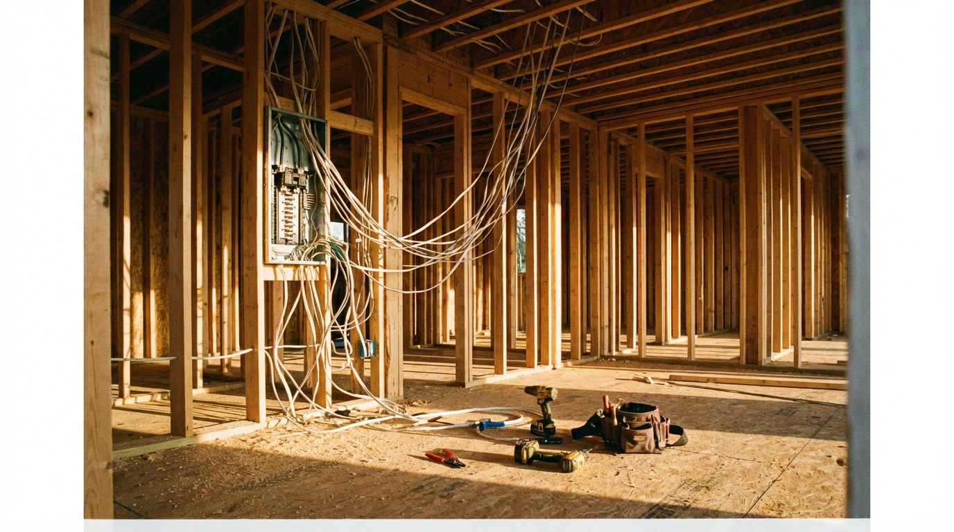 An electrical panel half-wired on a residential construction site, tools left behind on plywood subfloor, afternoon light through framing studs