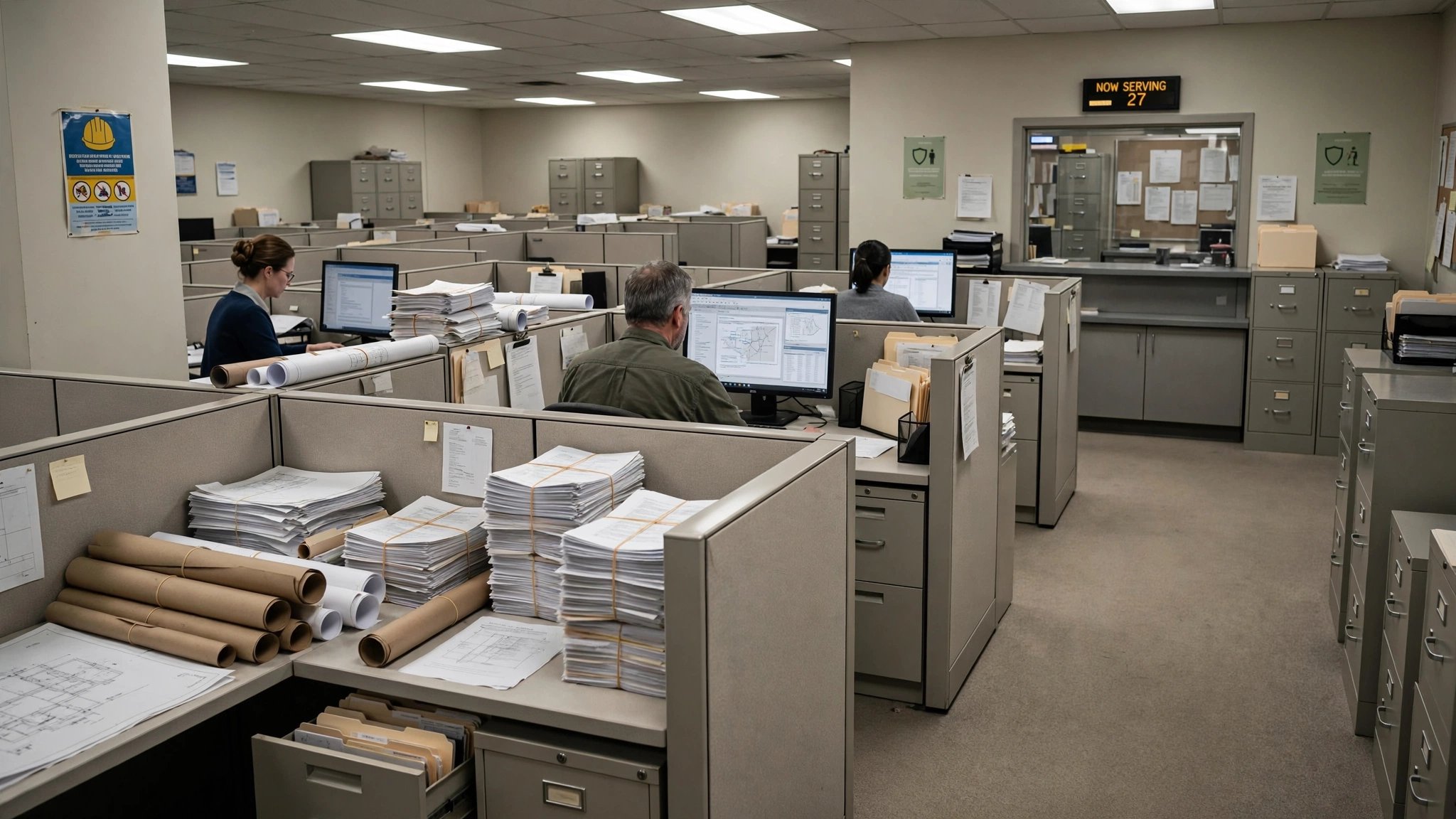 A municipal government office with rows of empty desks, a few remaining staff members surrounded by tall stacks of building permit documents, fluorescent overhead lighting casting flat shadows across the institutional carpet