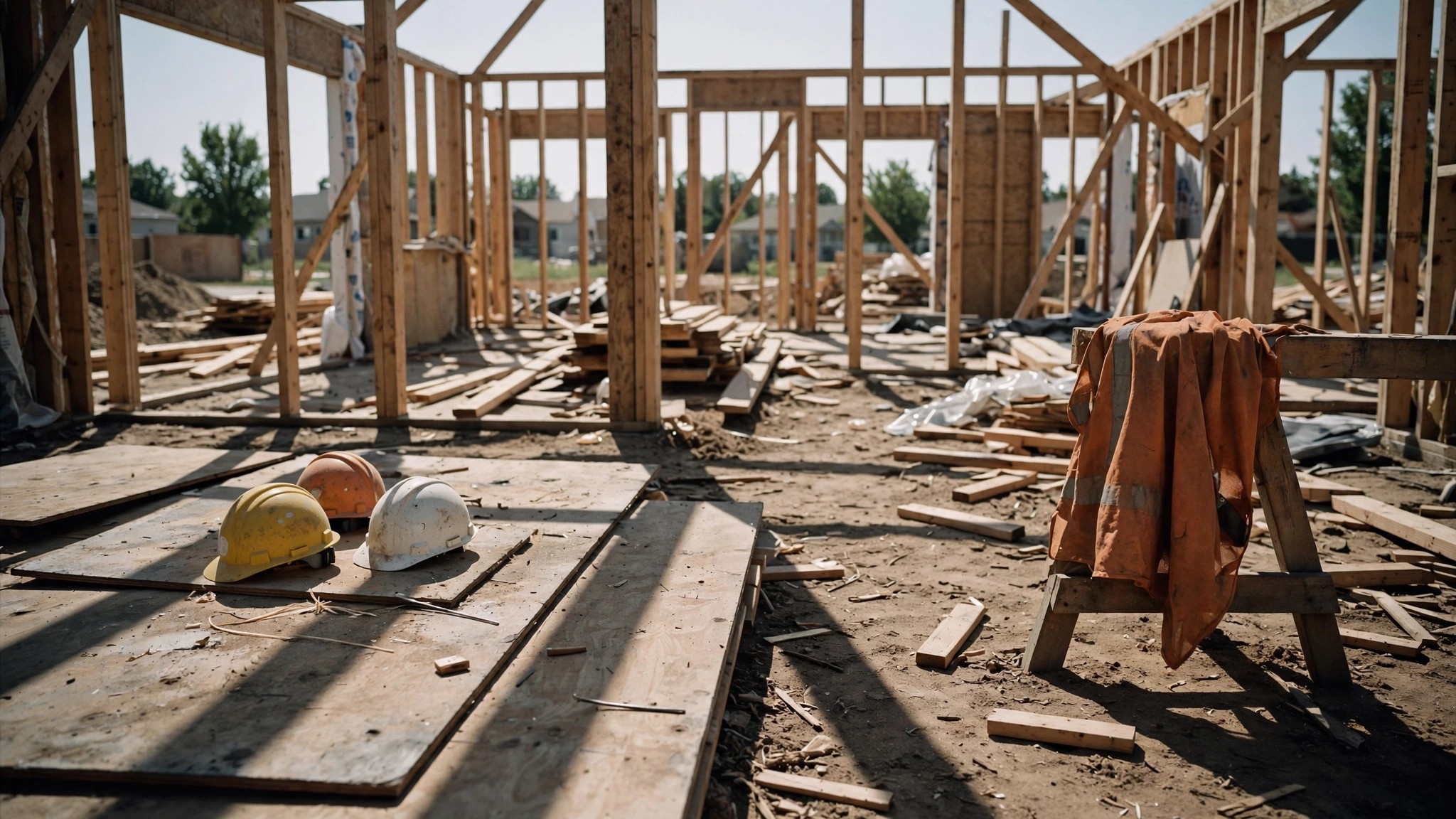 Empty residential construction site in summer heat, abandoned hard hats on plywood, safety vest draped over a sawhorse