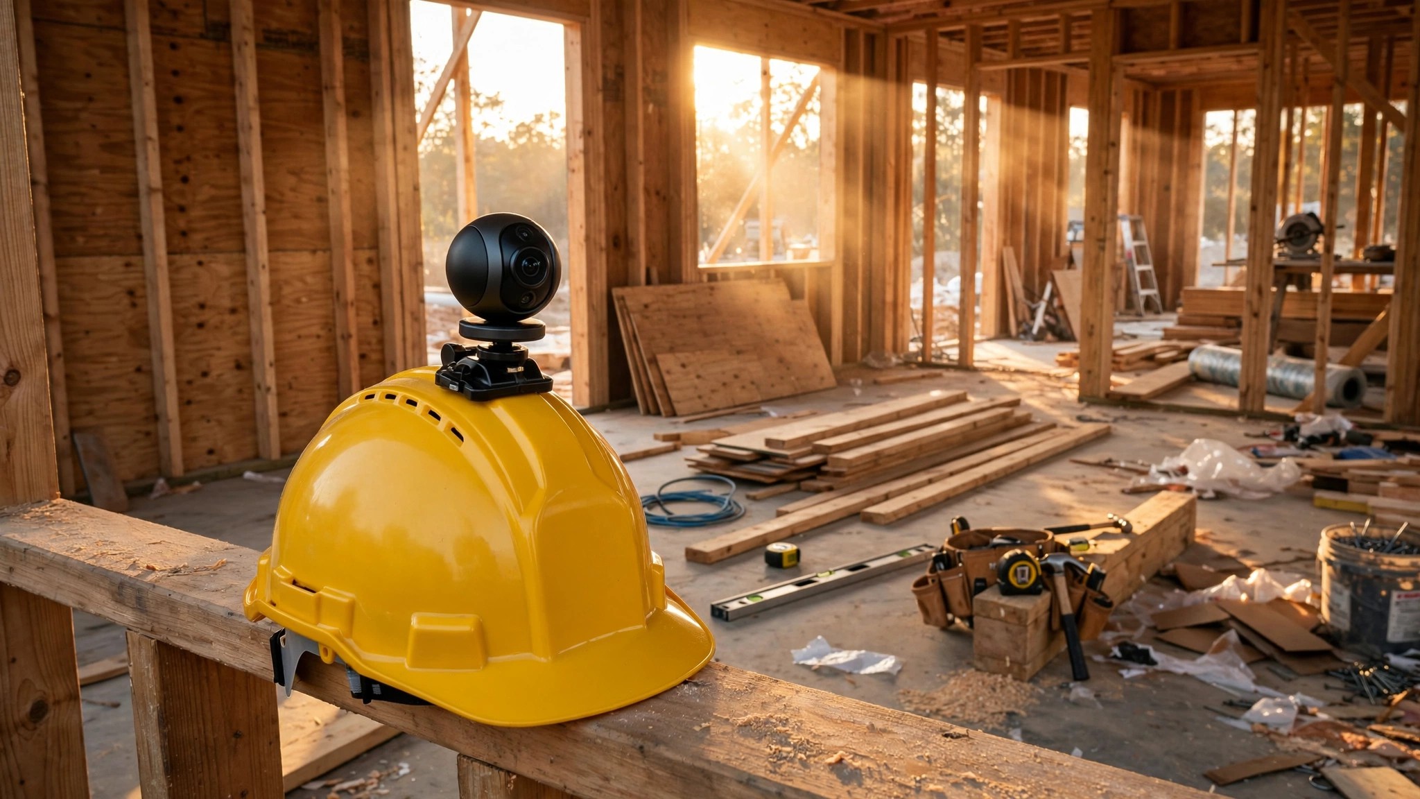 A 360-degree camera mounted on a hard hat captures a residential construction site mid-framing, with an AI overlay showing percent-complete numbers on different zones of the house.
