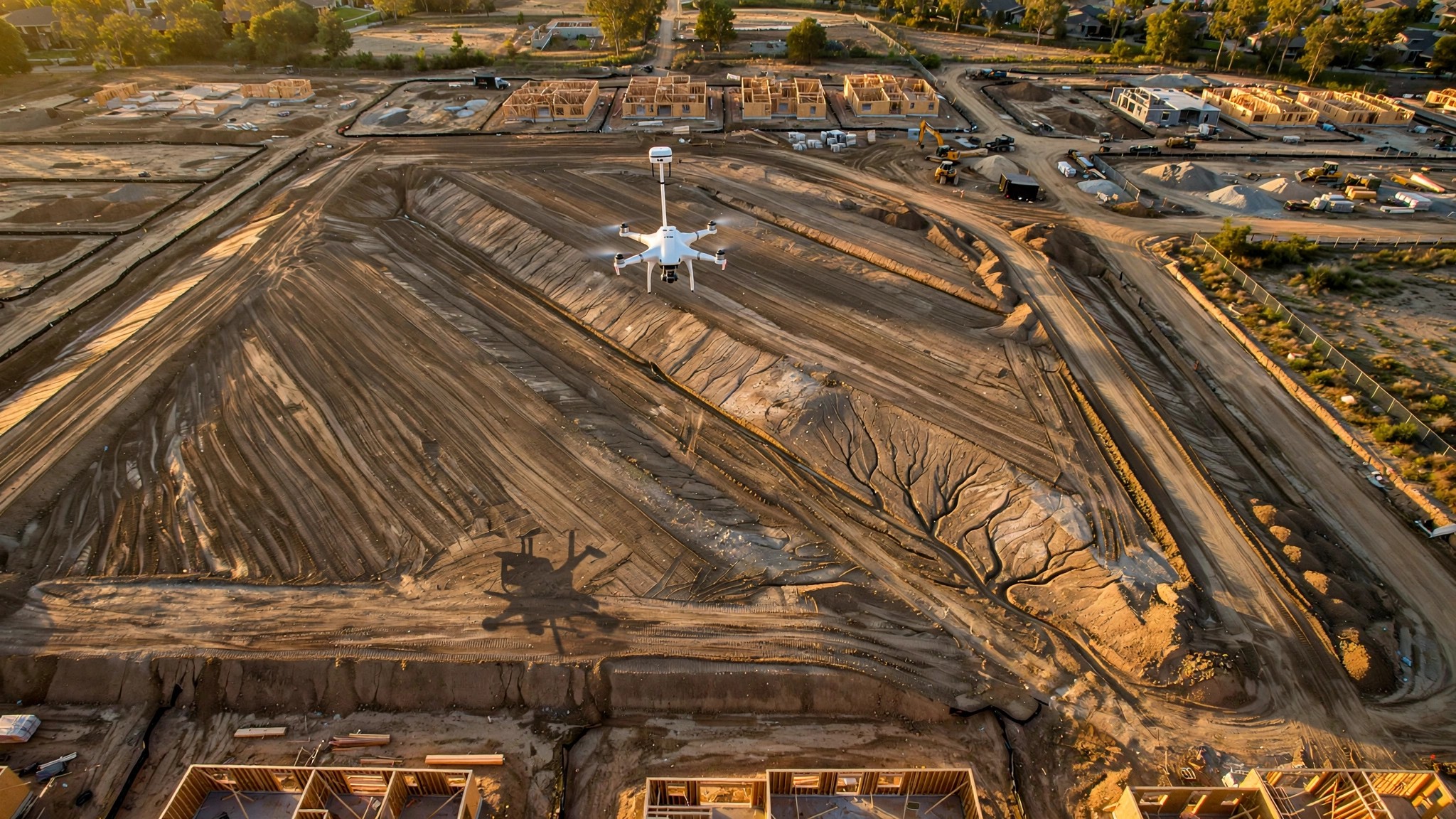 Drone surveying a freshly graded residential lot at golden hour, with elevation contour data overlaid on the landscape