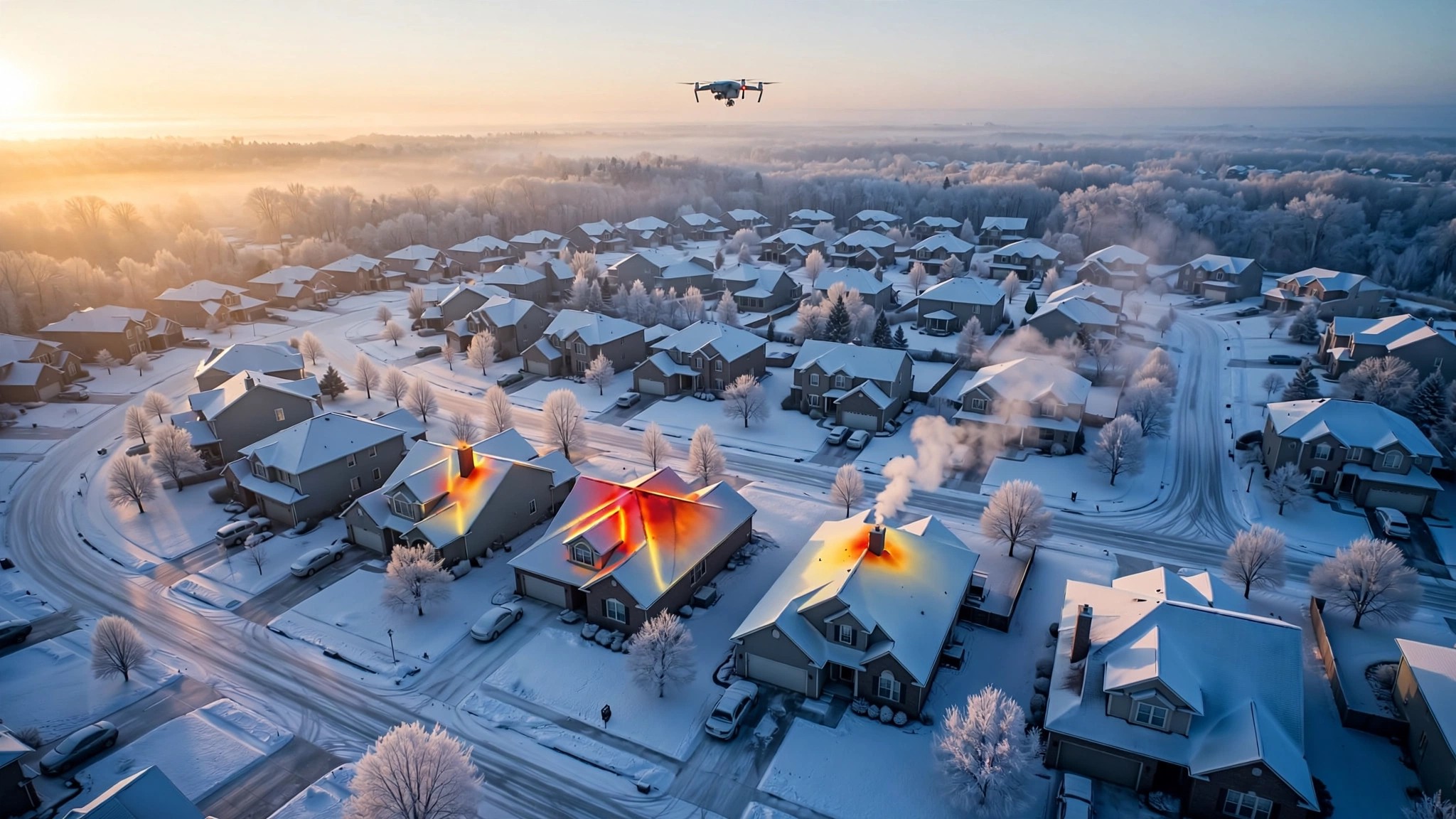 Drone flying over residential neighborhood with thermal imaging overlay showing heat signatures from rooftops