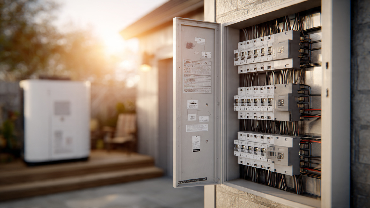 An open residential electrical panel with labeled breakers, warm natural light from a nearby window, a heat pump visible through a doorway